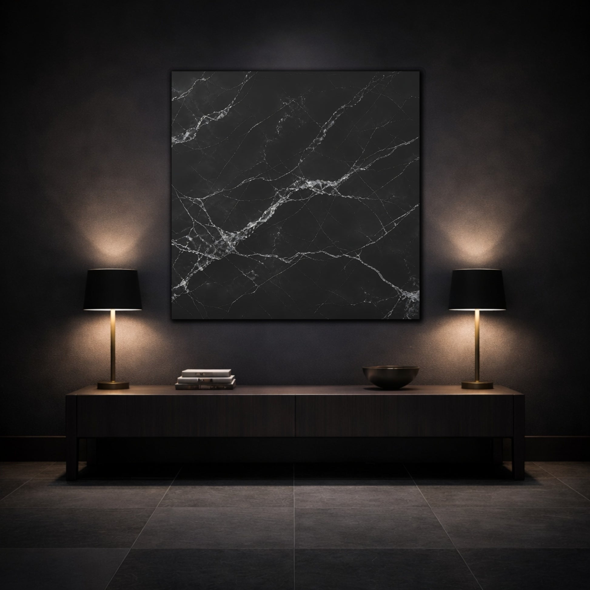 Mockup 3. Abstract Black Marble Black And White shown as stretched canvas wall art