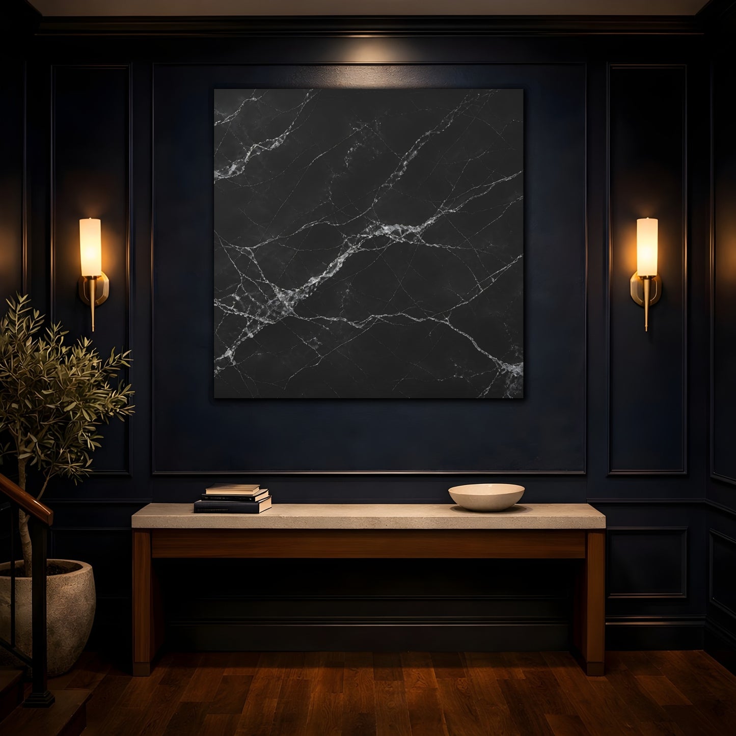 Mockup 4. Abstract Black Marble Black And White shown as stretched canvas wall art