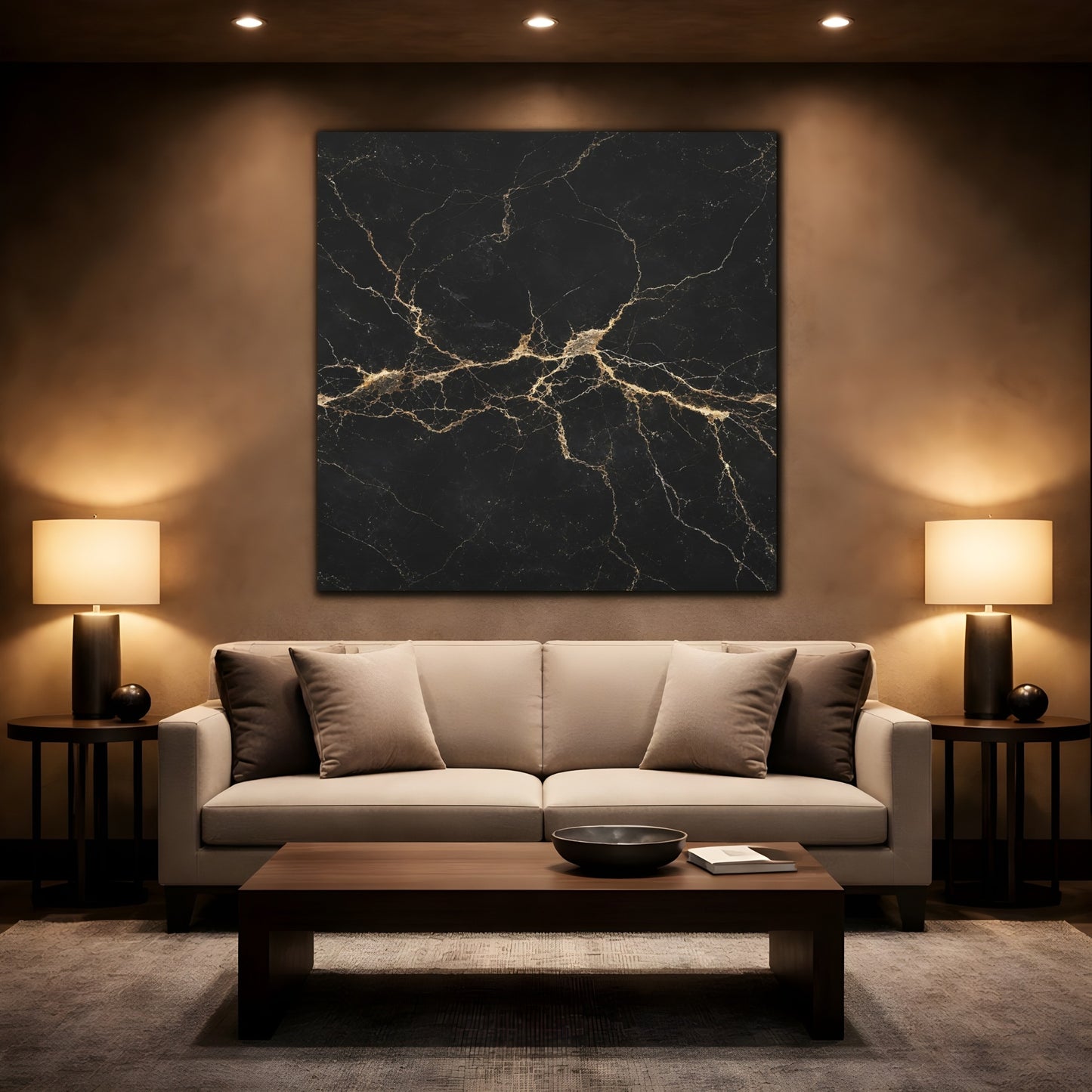 Mockup 2. Abstract Black Marble Black Gold shown as stretched canvas wall art
