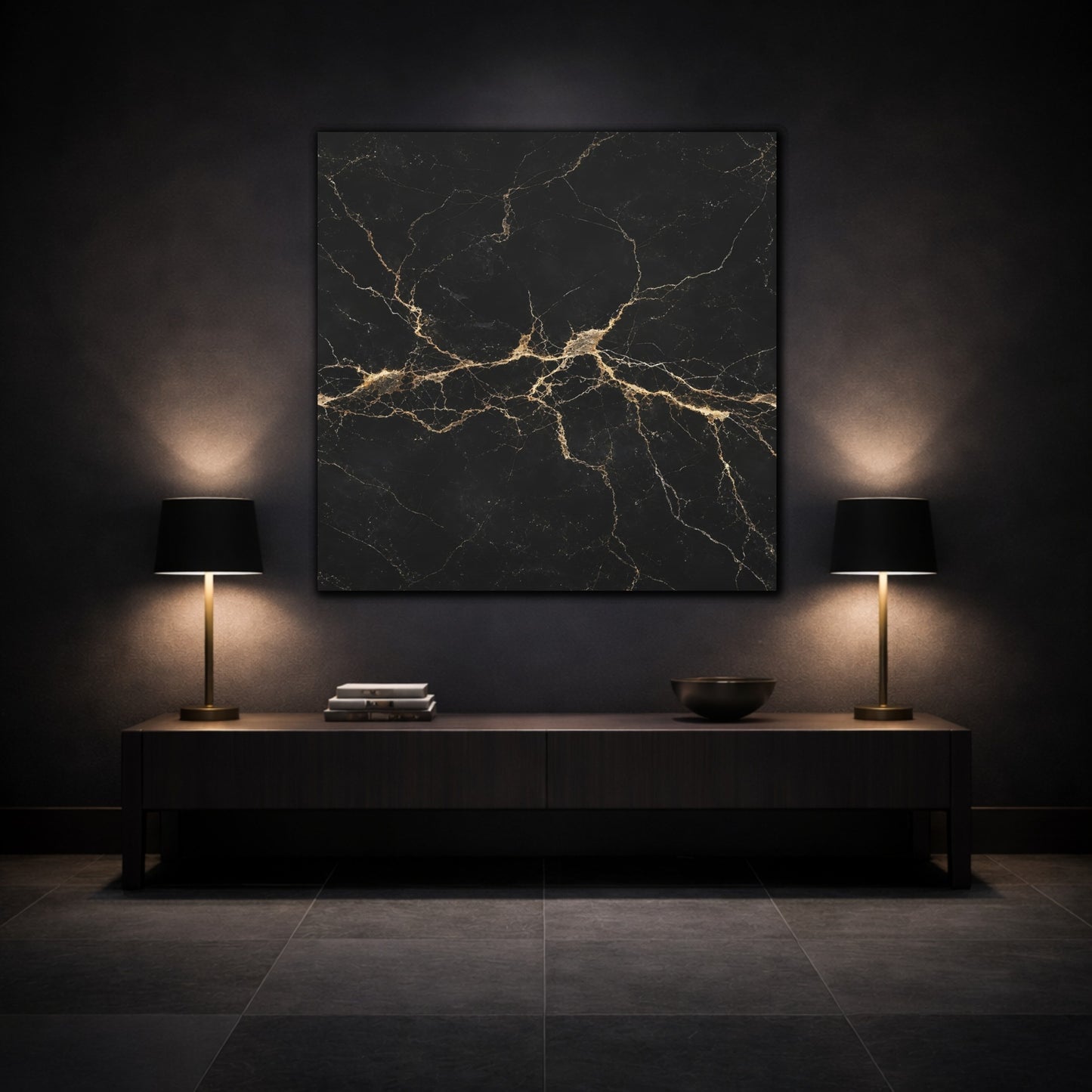 Mockup 3. Abstract Black Marble Black Gold shown as stretched canvas wall art