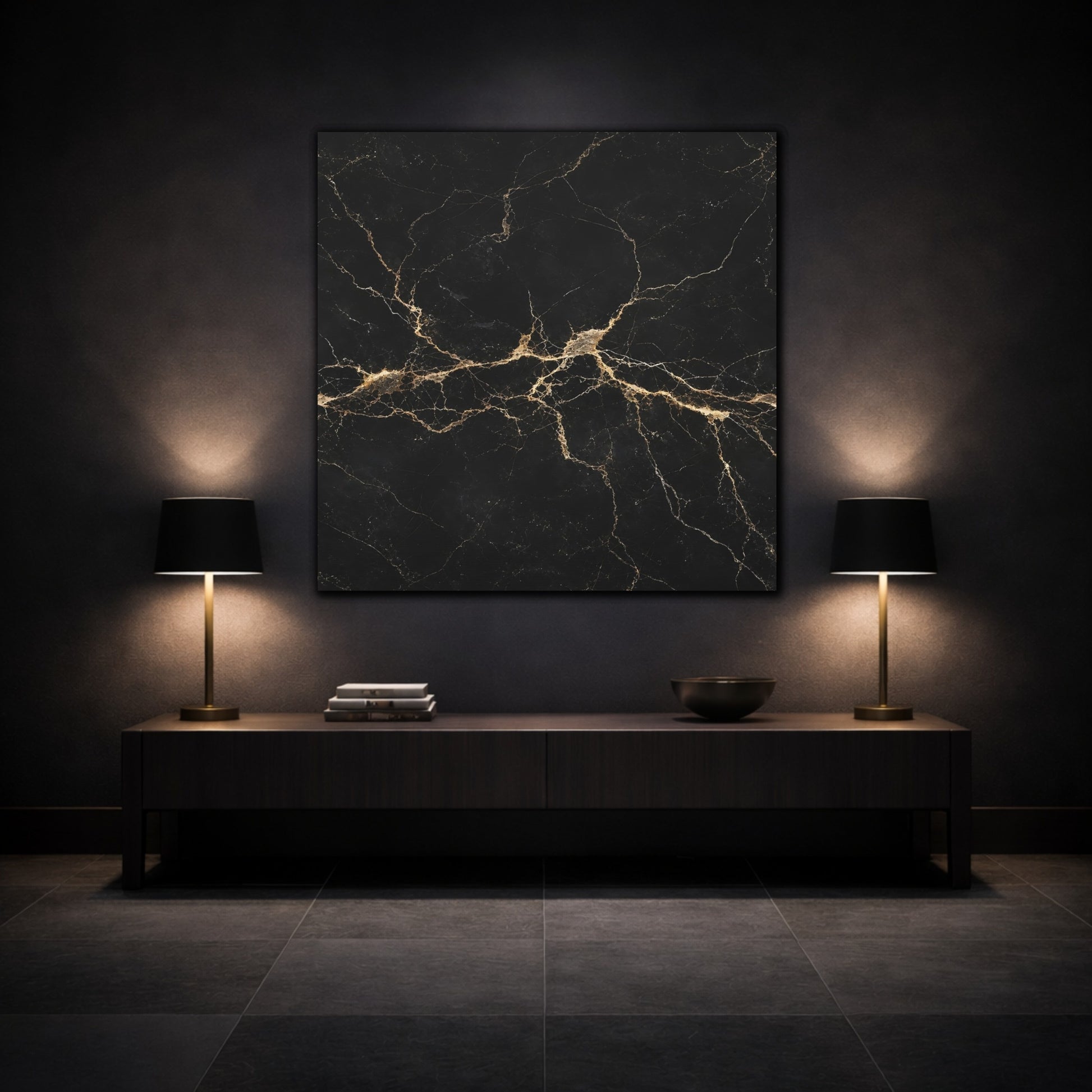 Mockup 3. Abstract Black Marble Black Gold shown as stretched canvas wall art