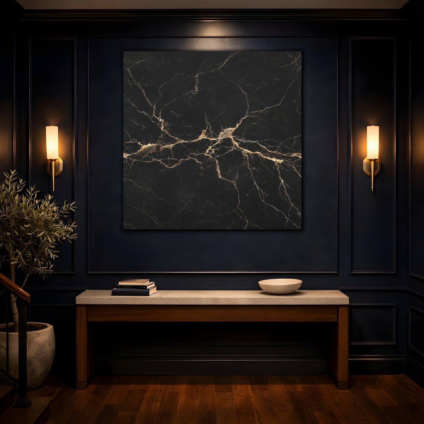 Mockup 4. Abstract Black Marble Black Gold shown as stretched canvas wall art