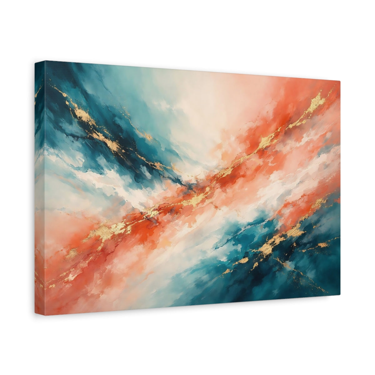 Side Mockup 4. Abstract Abstract Blend Teal Orange Gold shown as stretched canvas wall art