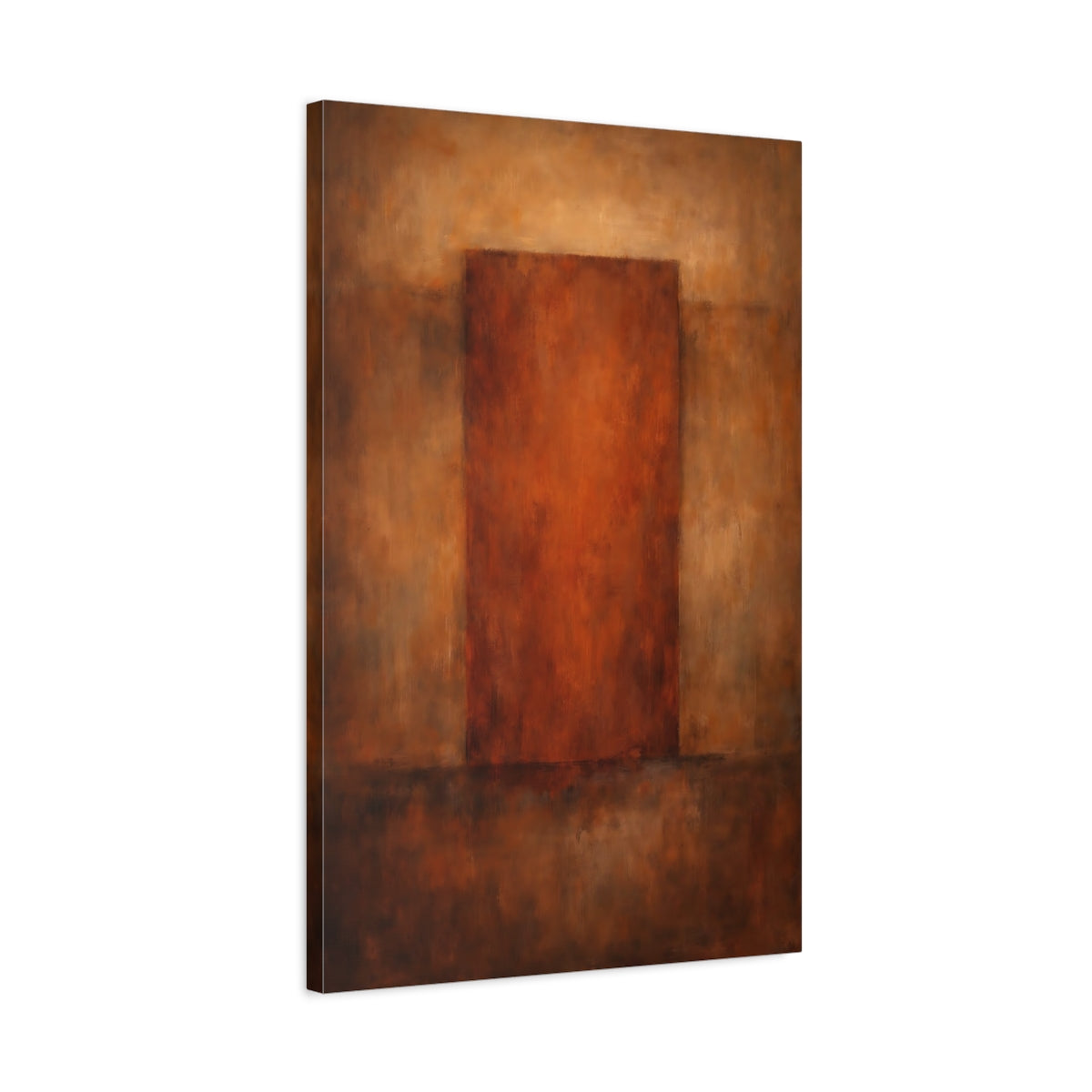Side Mockup 2. Abstract Abstract Block Brown And Rust shown as stretched canvas wall art