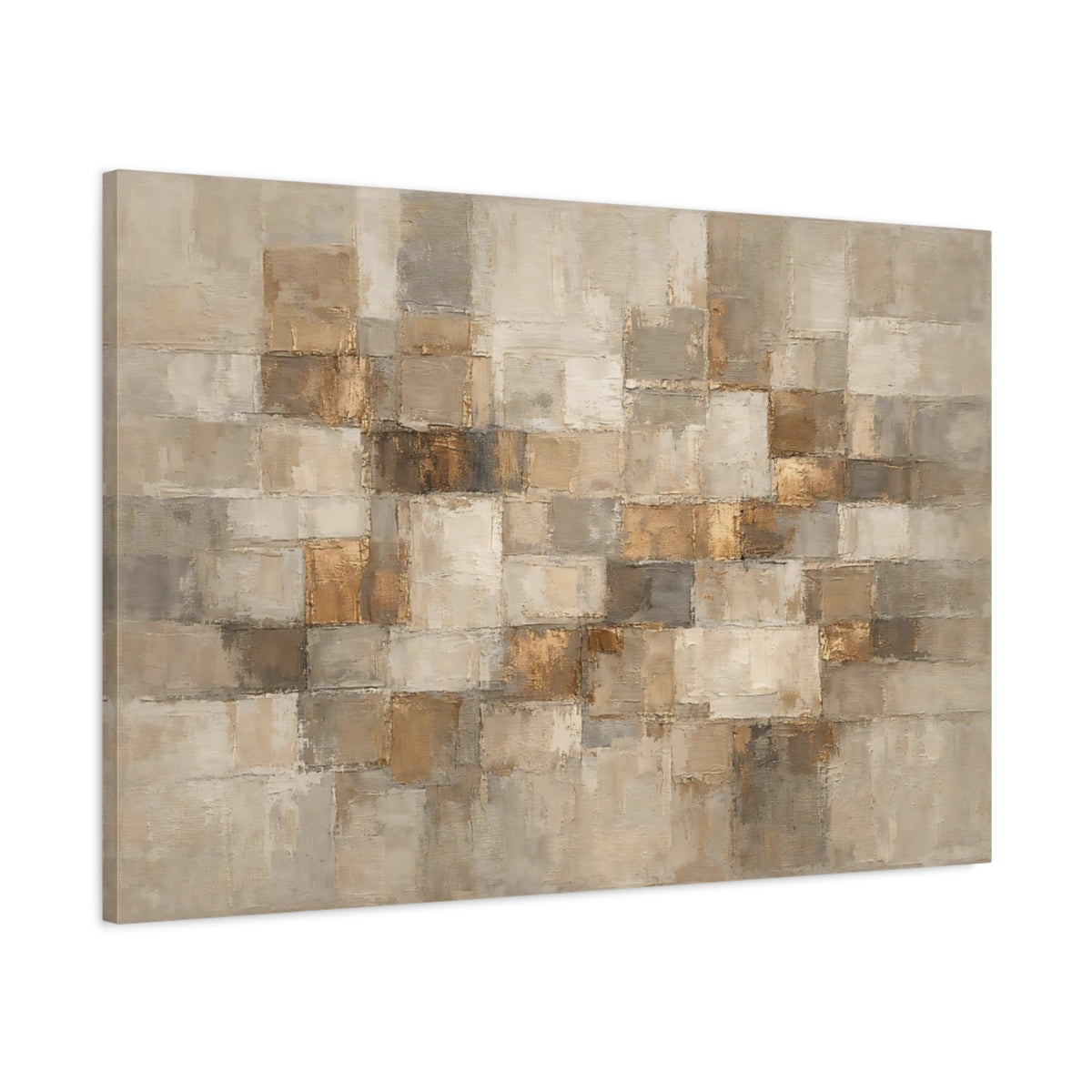 Side Mockup 1. Abstract Abstract Blocks Gold And Neutral shown as stretched canvas wall art