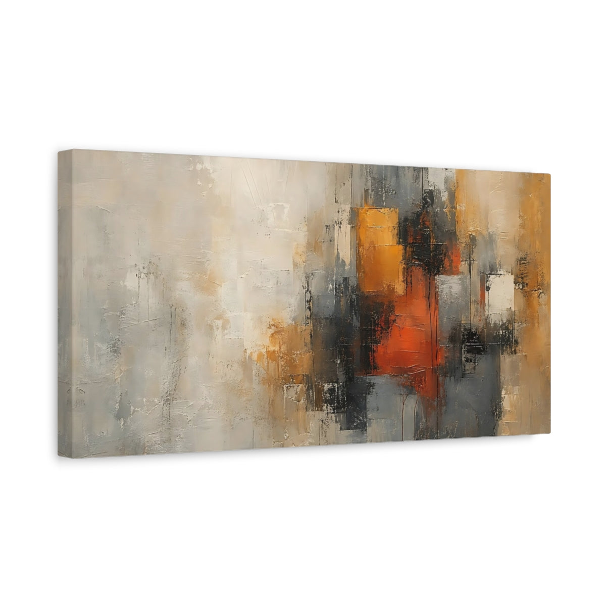 Side Mockup 3. Abstract Abstract Blocks Abstract Gray Orange shown as stretched canvas wall art