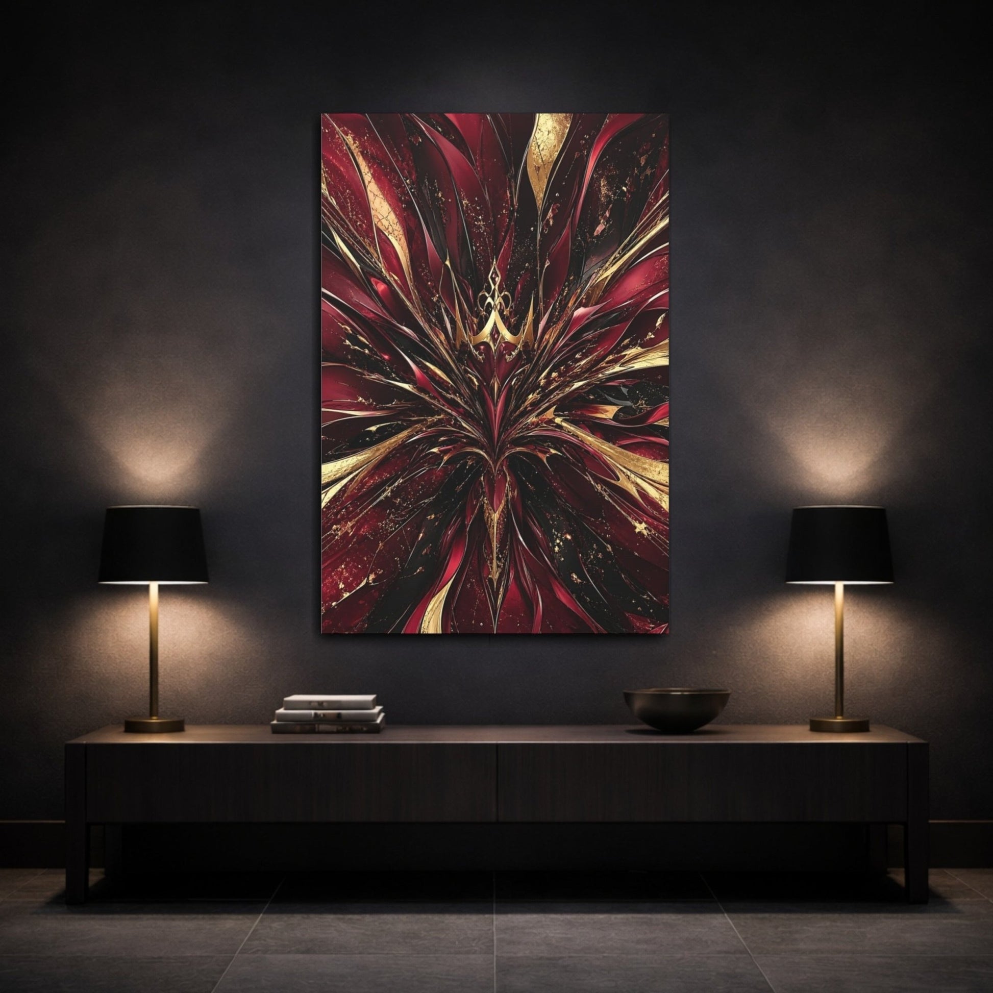 Abstract Bloom Crimson Gold Canvas Print – Living Room, Large Wall - YesArtYes