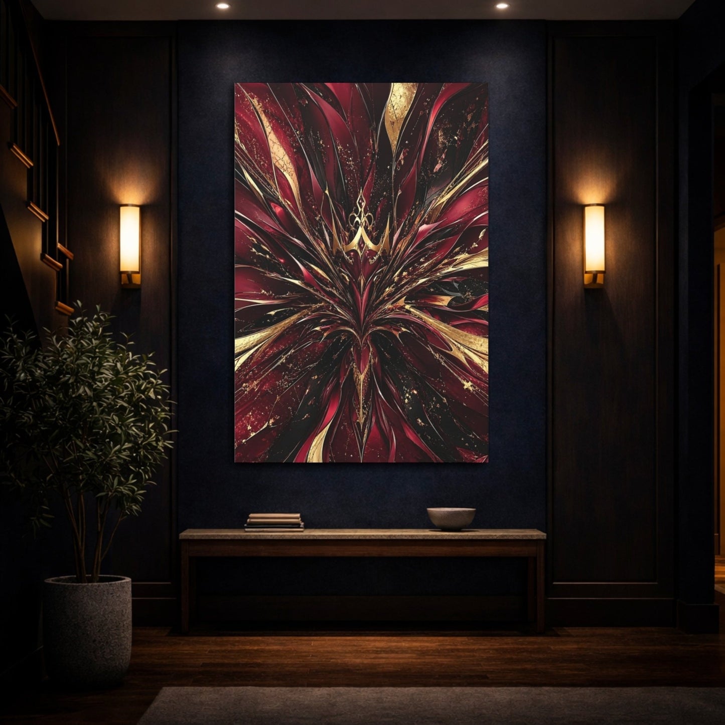 Abstract Bloom Crimson Gold Canvas Print – Living Room, Large Wall - YesArtYes