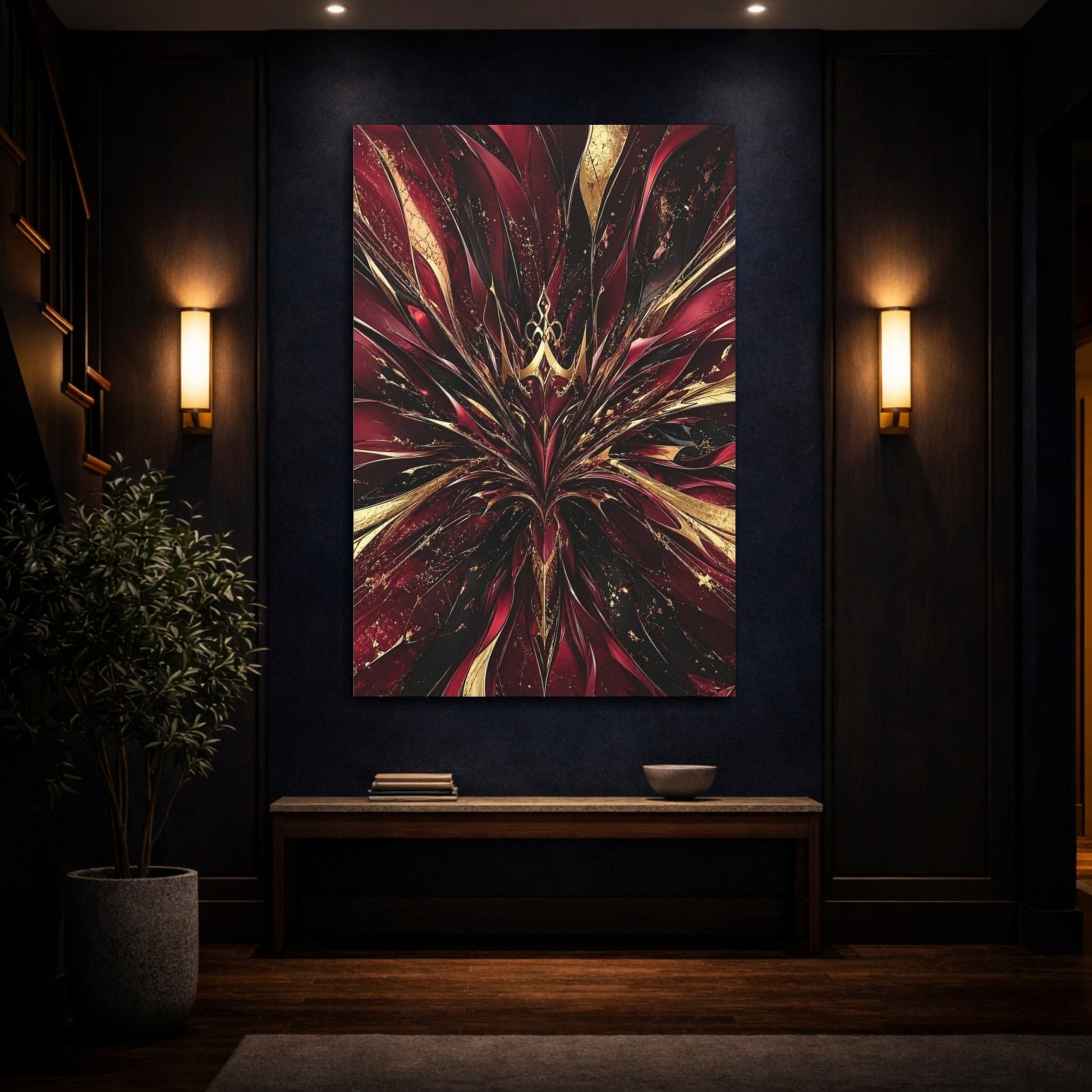 Abstract Bloom Crimson Gold Canvas Print – Living Room, Large Wall - YesArtYes