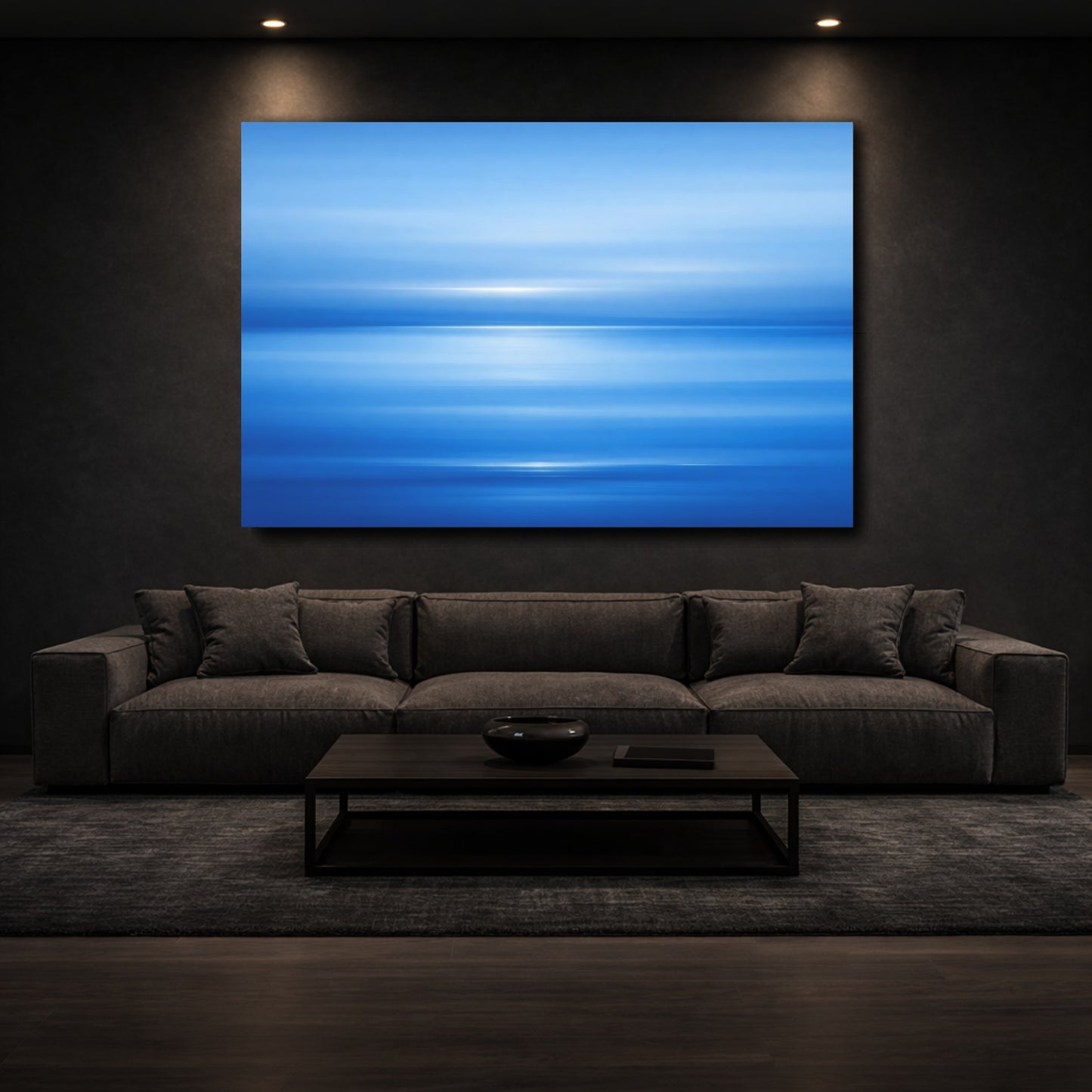 Mockup 2. Abstract Blue Abstraction Blue Gradient shown as stretched canvas wall art