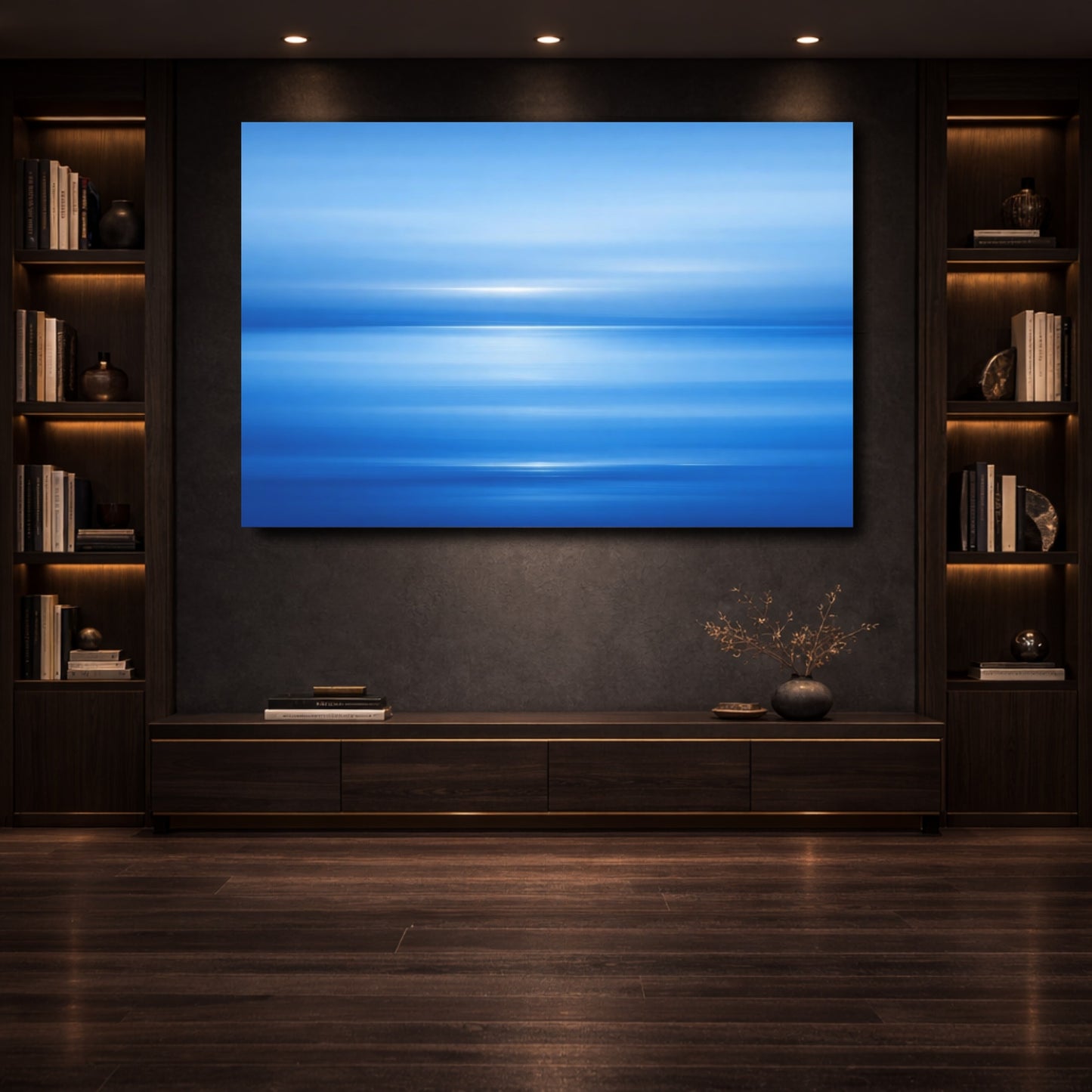 Mockup 3. Abstract Blue Abstraction Blue Gradient shown as stretched canvas wall art