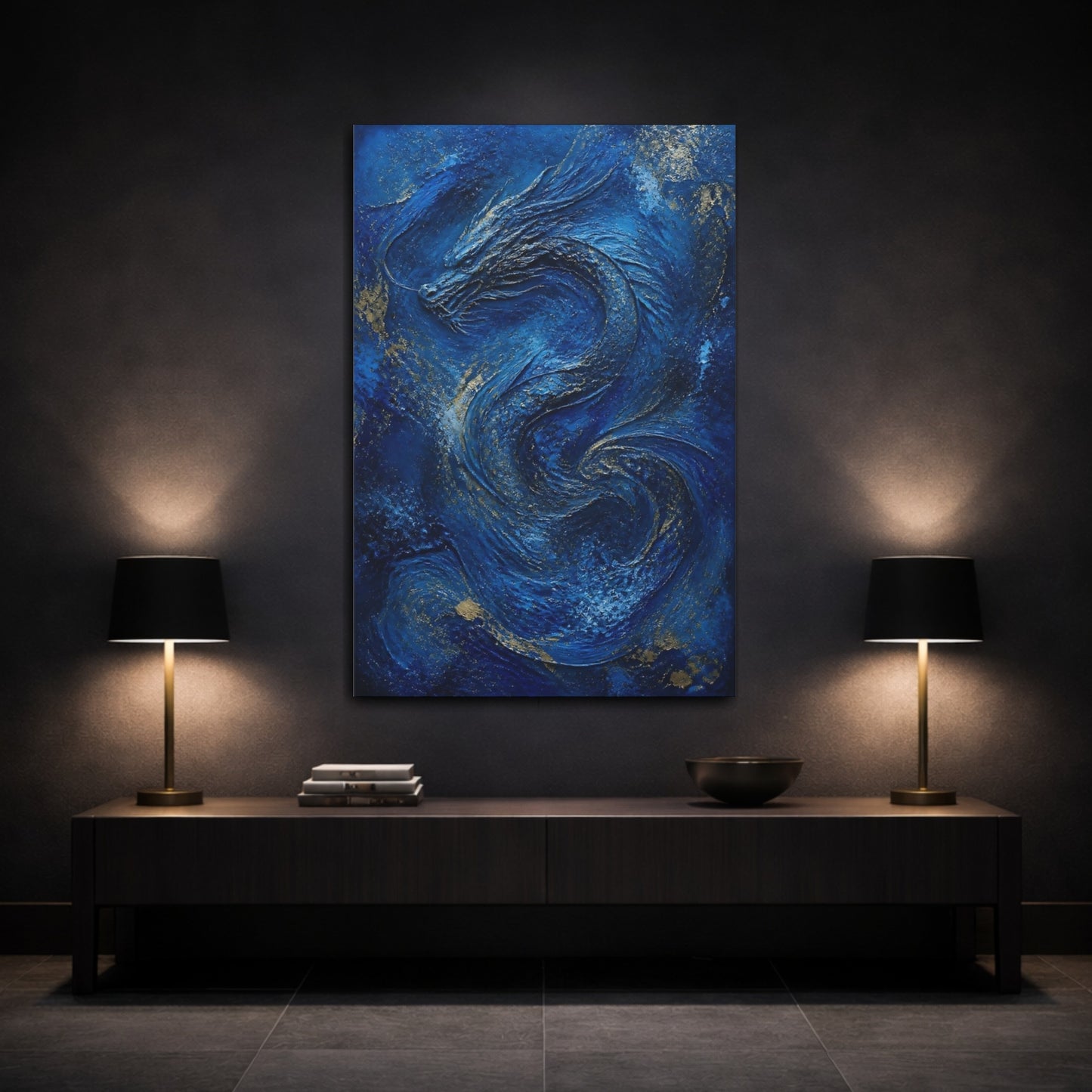 Mockup 3. Abstract Blue Dragon shown as canvas print