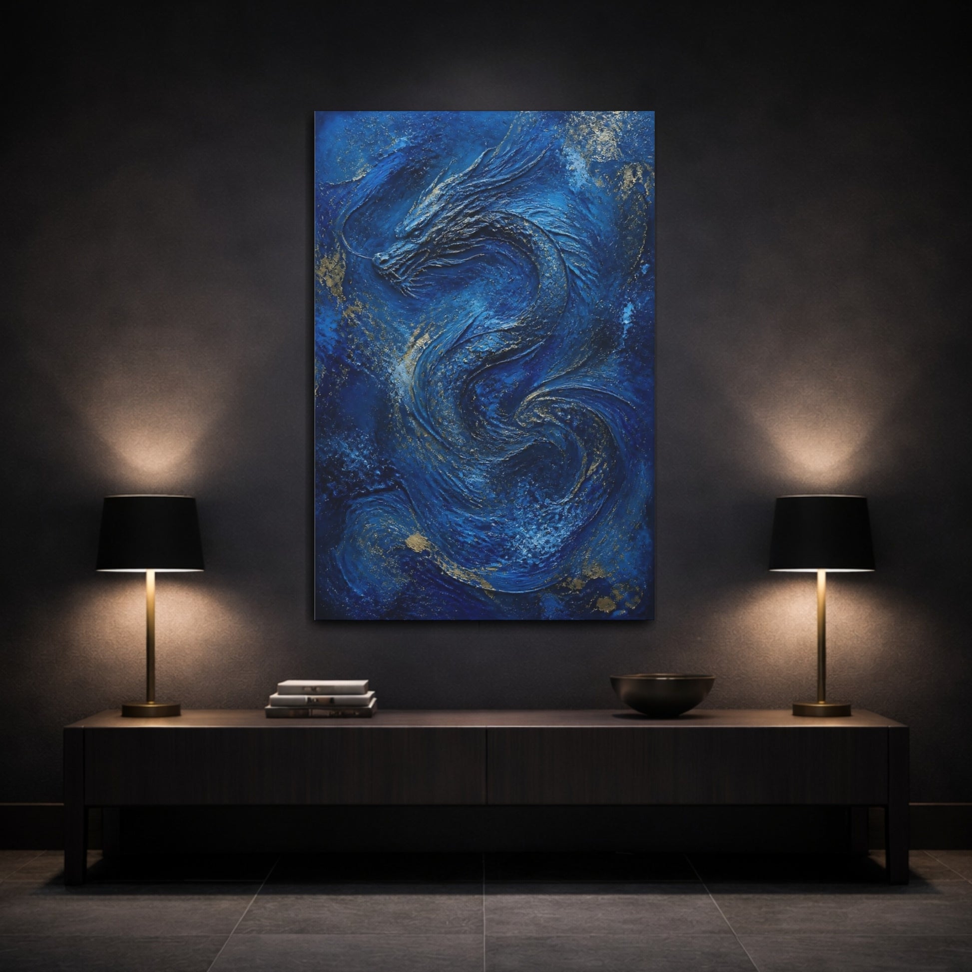 Mockup 3. Abstract Blue Dragon shown as canvas print