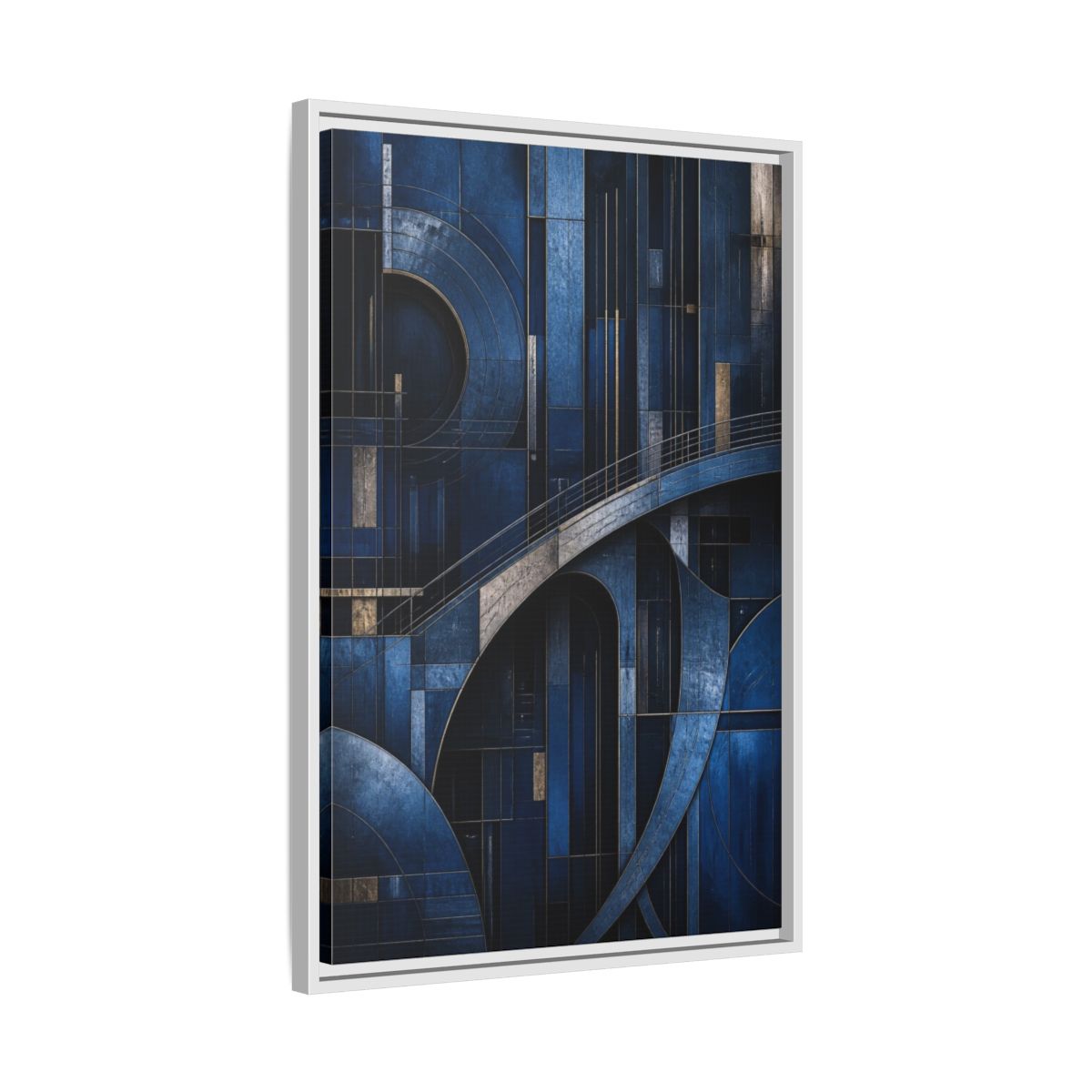 Side Mockup 10. Abstract Blue Geometry shown as framed canvas print