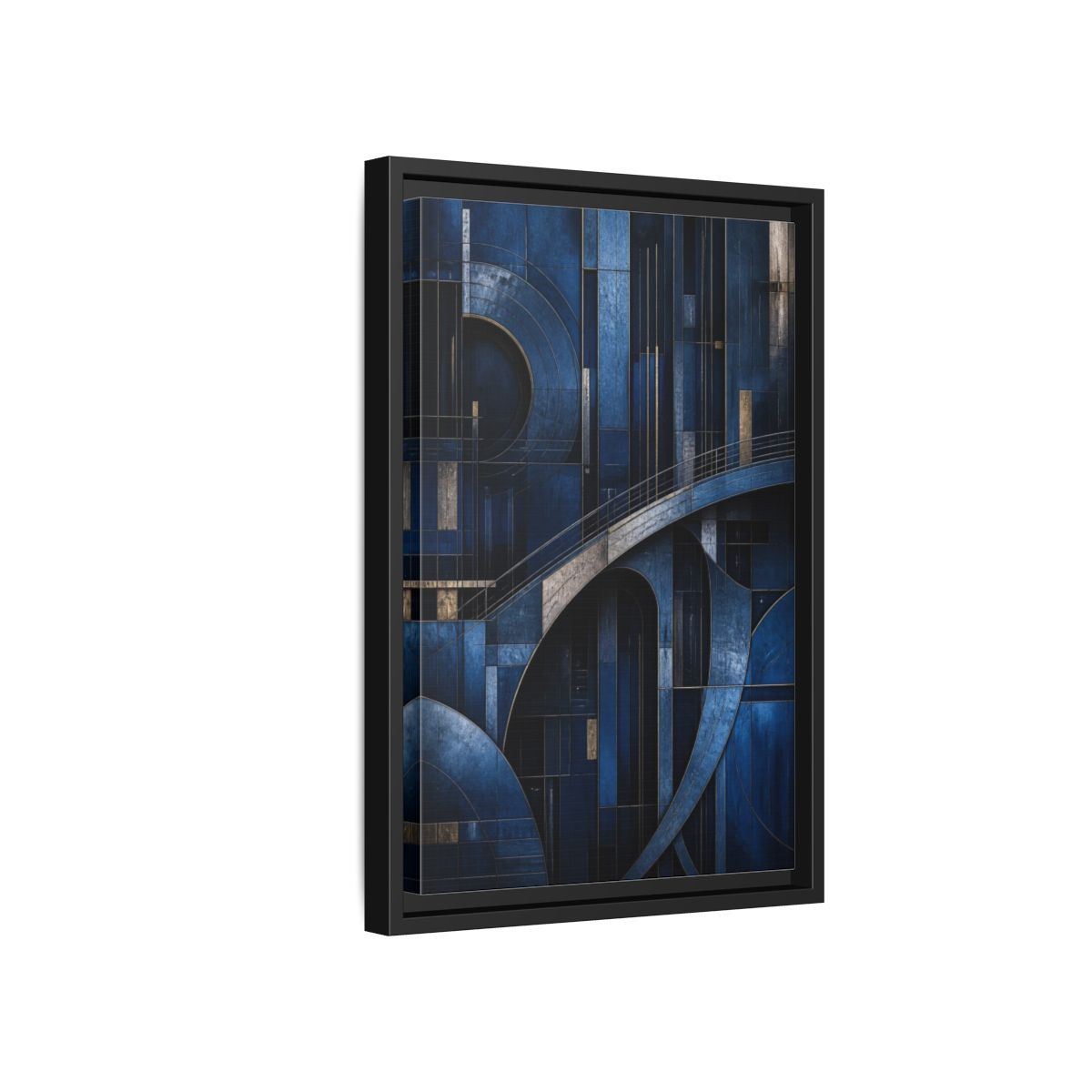 Side Mockup 6. Abstract Blue Geometry shown as framed canvas print