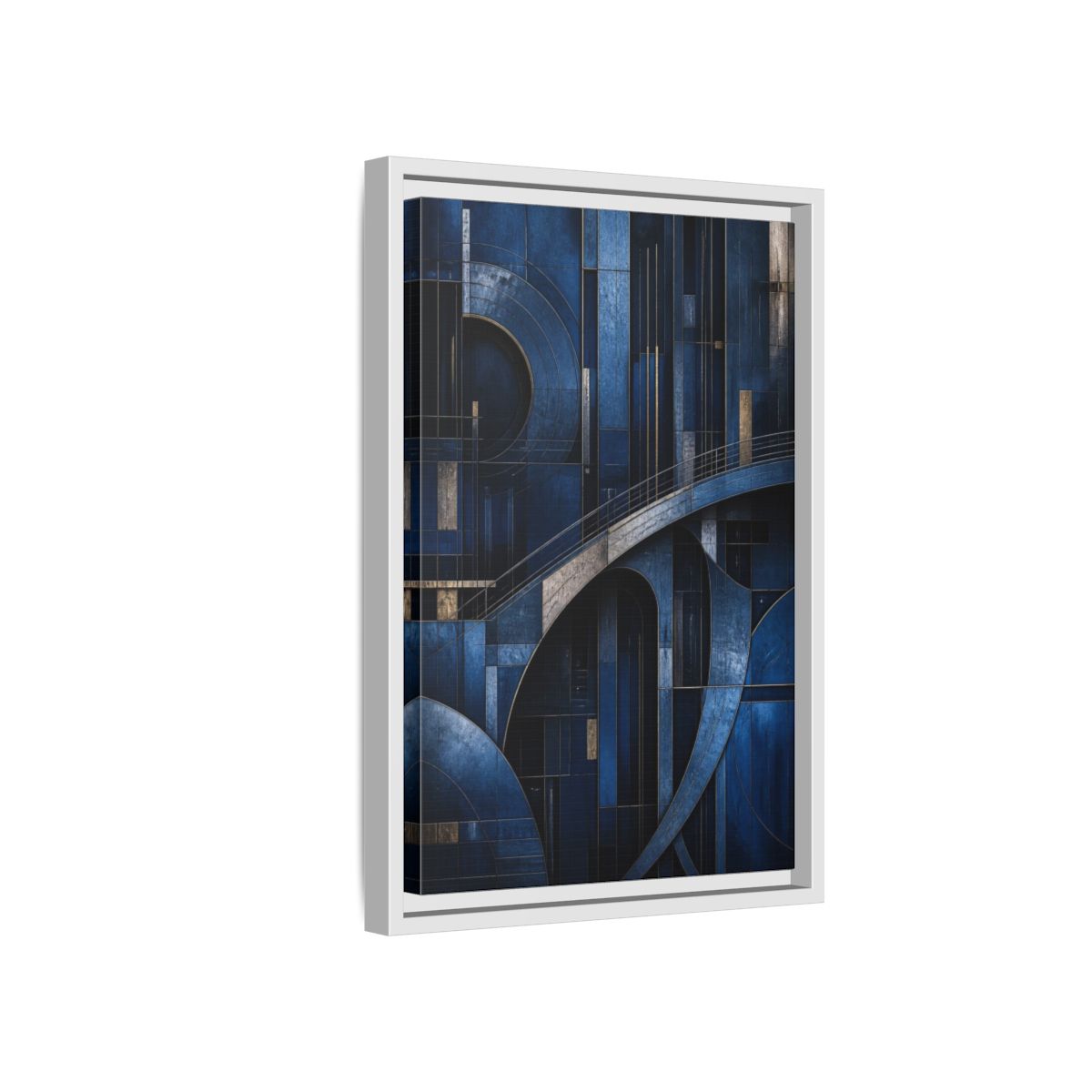 Side Mockup 4. Abstract Blue Geometry shown as framed canvas print