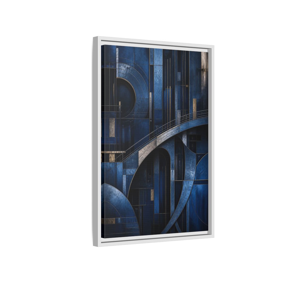 Side Mockup 1. Abstract Blue Geometry shown as framed canvas print