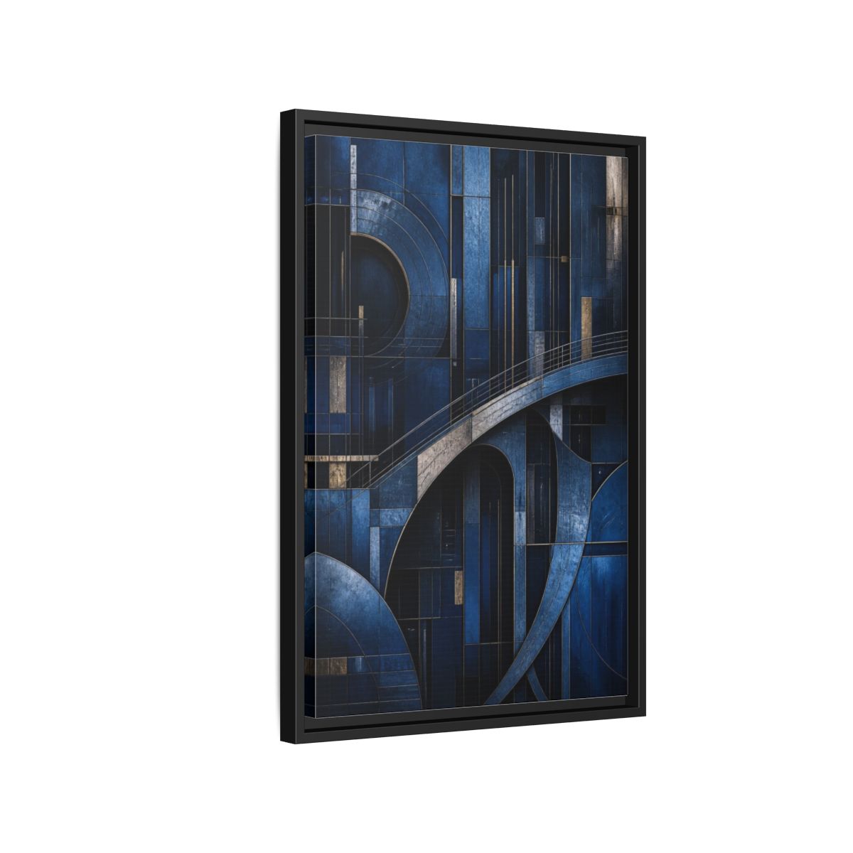Side Mockup 3. Abstract Blue Geometry shown as framed canvas print