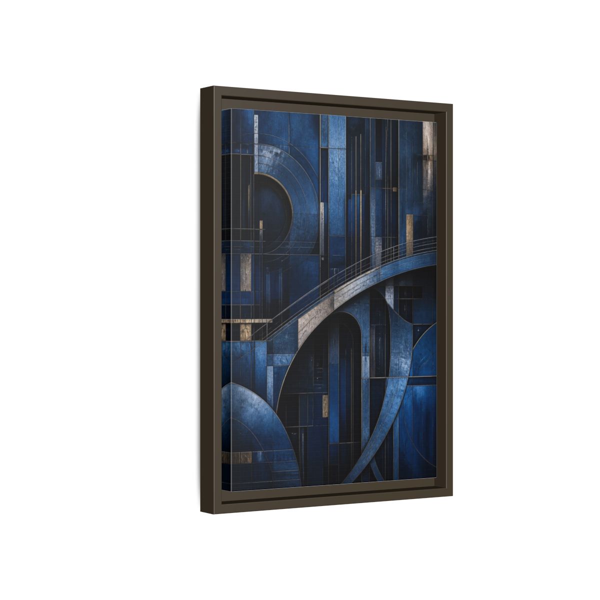 Side Mockup 5. Abstract Blue Geometry shown as framed canvas print