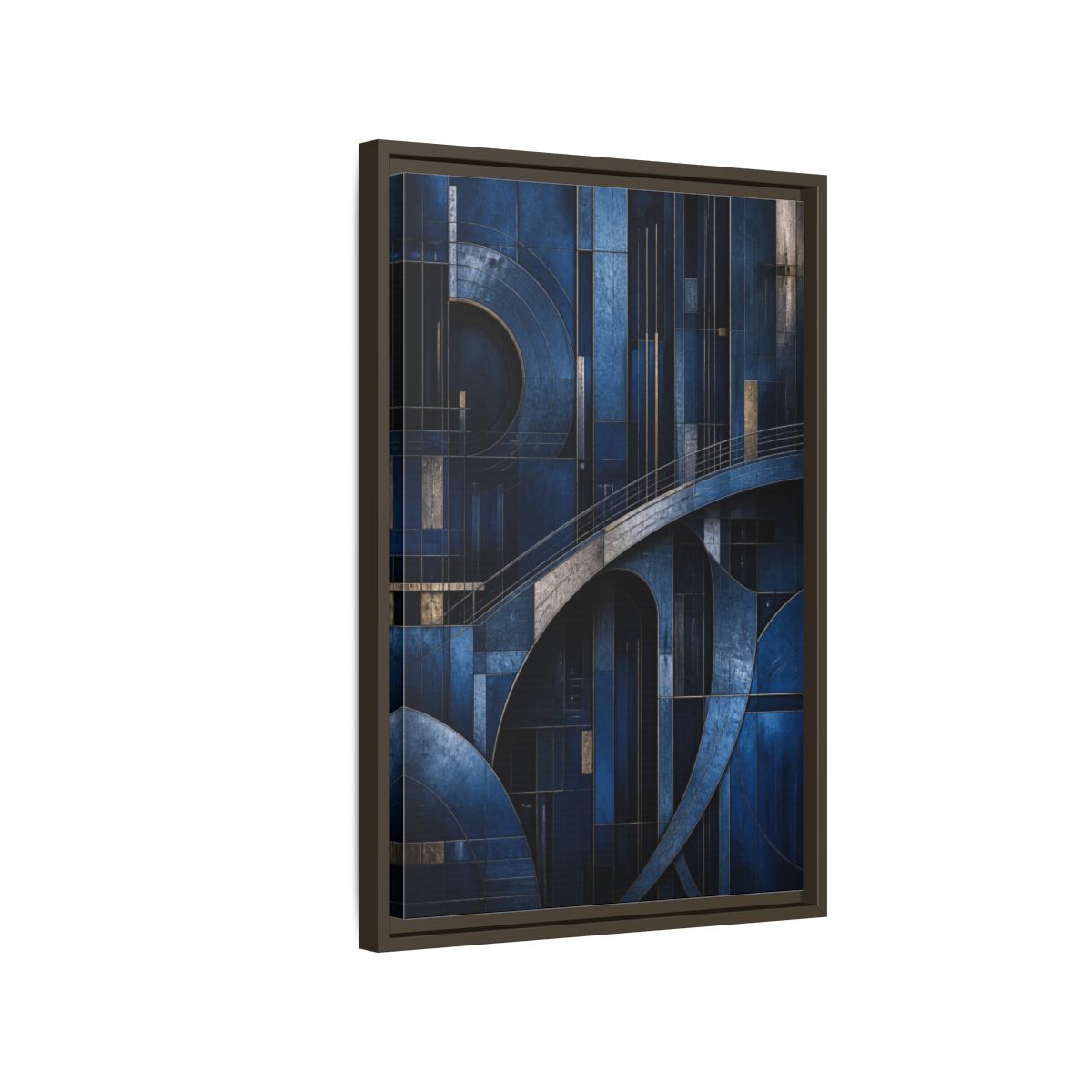Side Mockup 2. Abstract Blue Geometry shown as framed canvas print