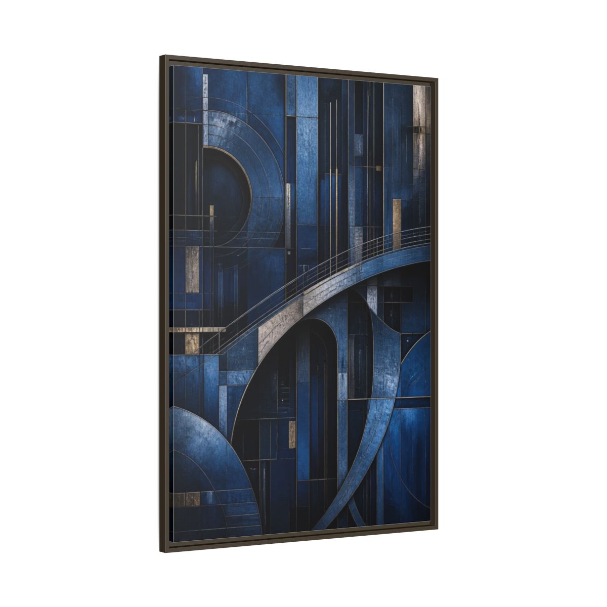Side Mockup 8. Abstract Blue Geometry shown as framed canvas print