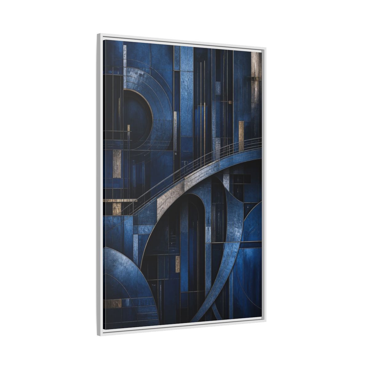 Side Mockup 7. Abstract Blue Geometry shown as framed canvas print