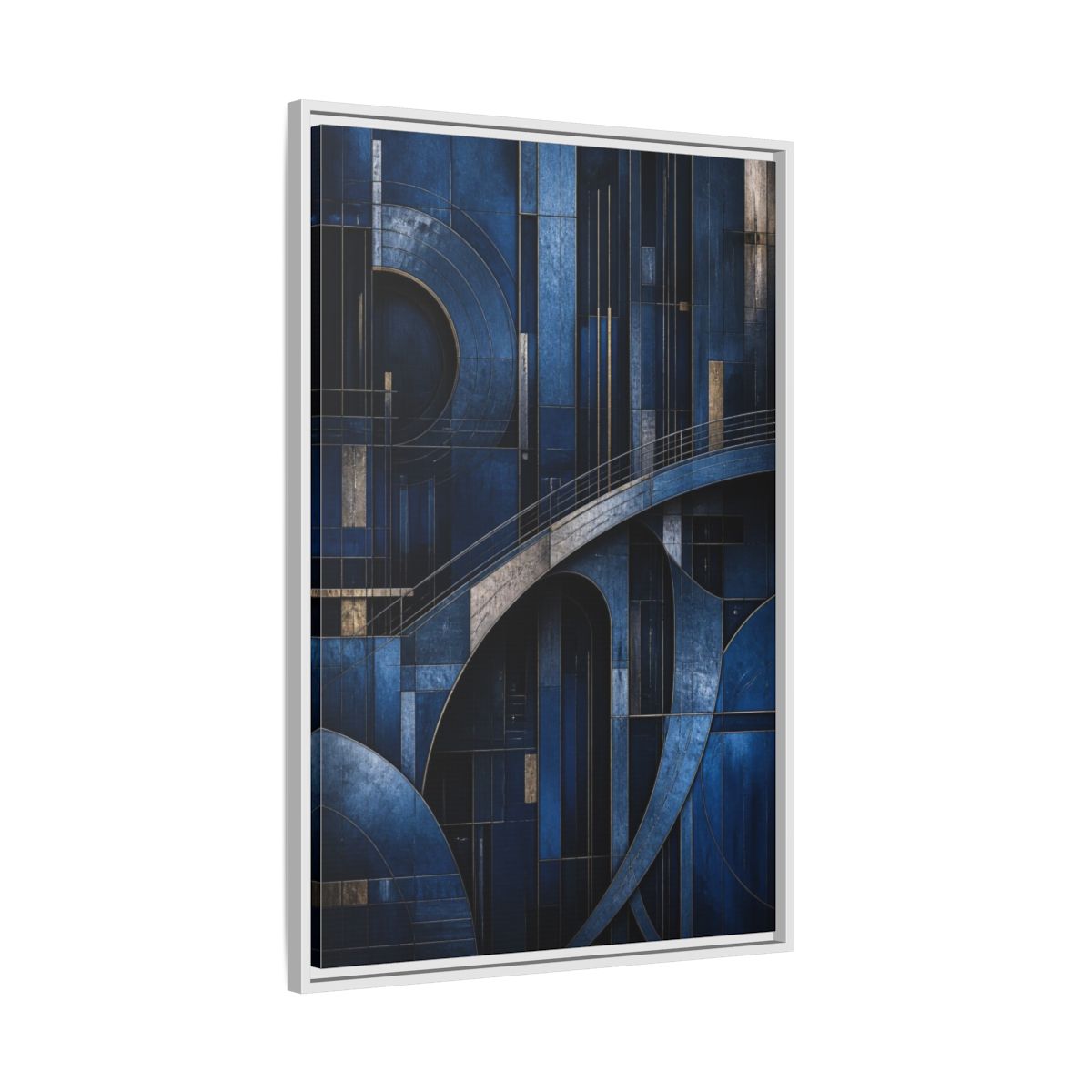 Side Mockup 9. Abstract Blue Geometry shown as framed canvas print