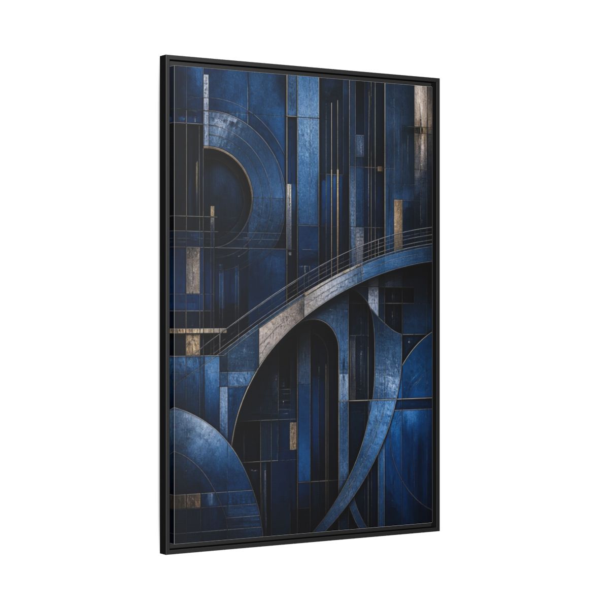 Side Mockup 12. Abstract Blue Geometry shown as framed canvas print