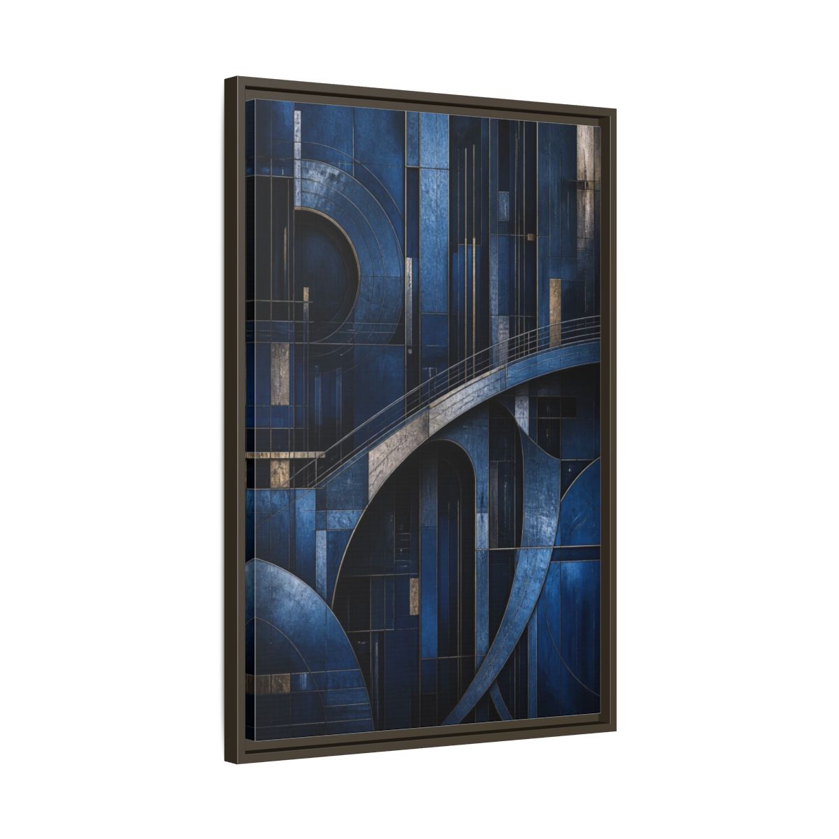Side Mockup 11. Abstract Blue Geometry shown as framed canvas print