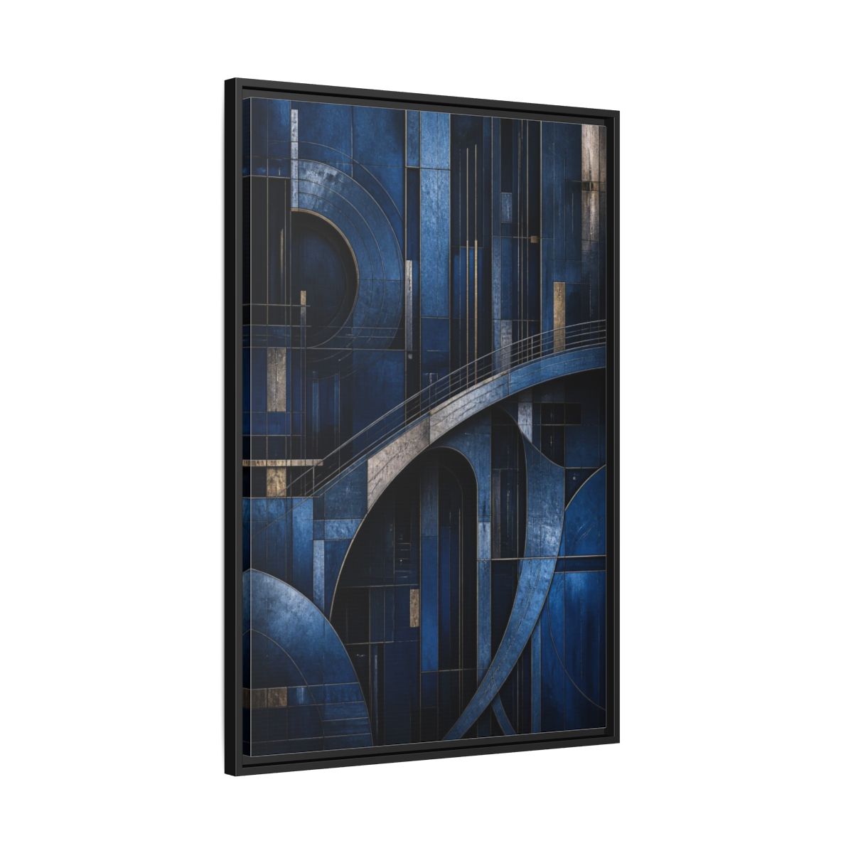 Side Mockup 13. Abstract Blue Geometry shown as framed canvas print