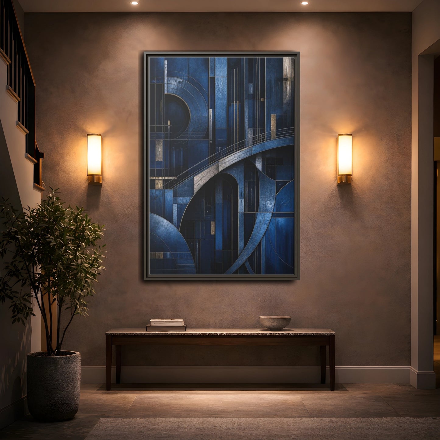 Mockup 2. Abstract Blue Geometry shown as framed canvas print