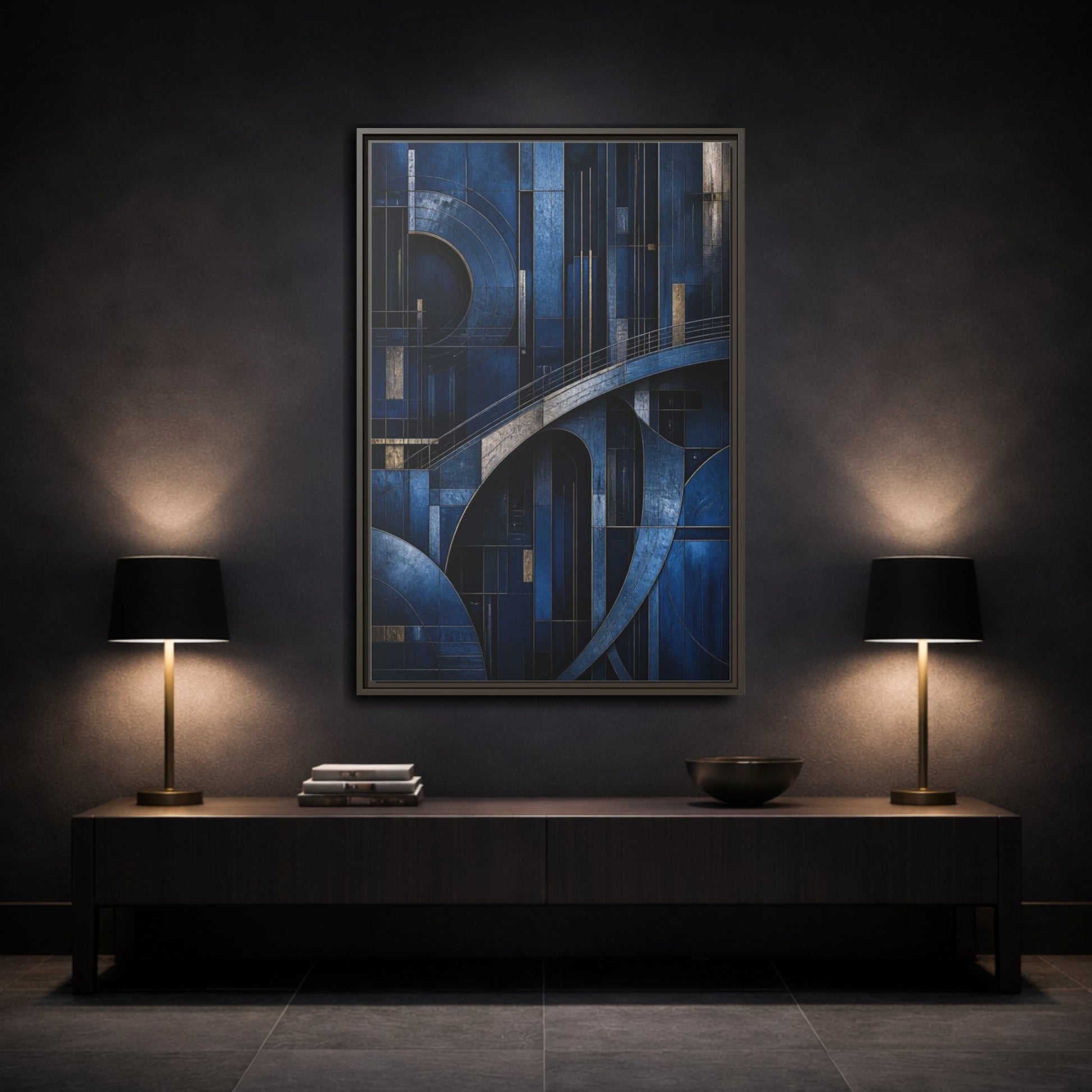 Mockup 3. Abstract Blue Geometry shown as framed canvas print