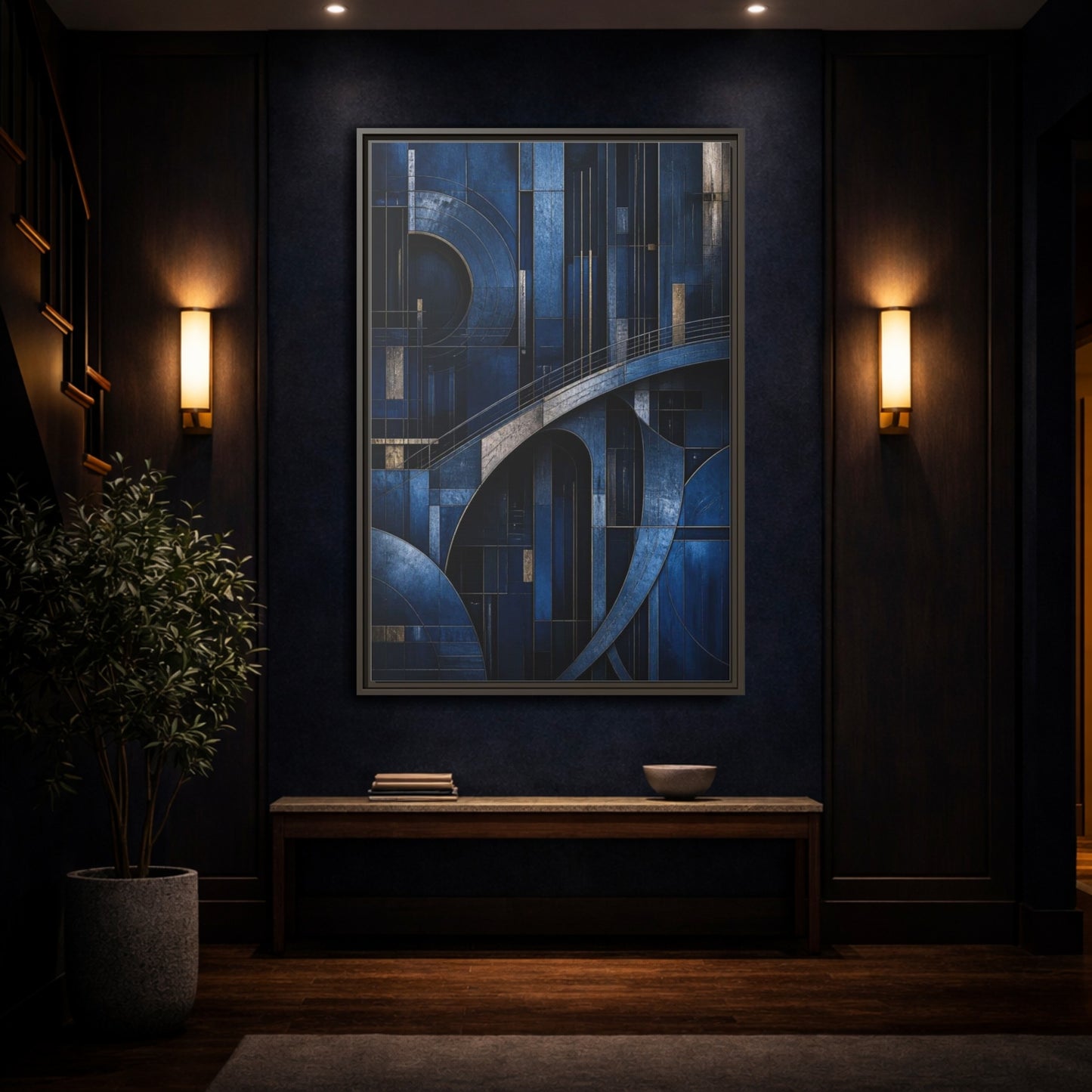Mockup 4. Abstract Blue Geometry shown as framed canvas print