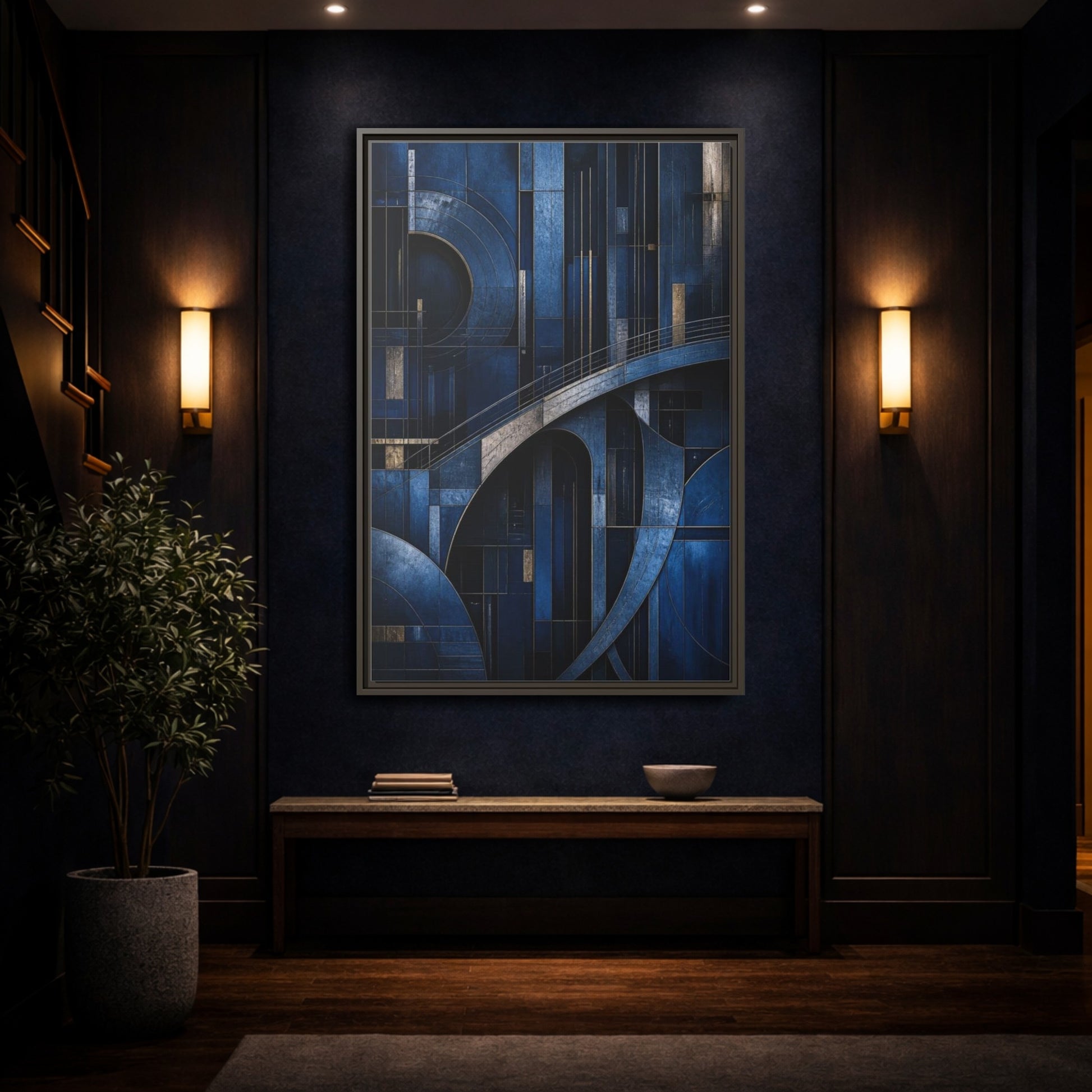 Mockup 4. Abstract Blue Geometry shown as framed canvas print