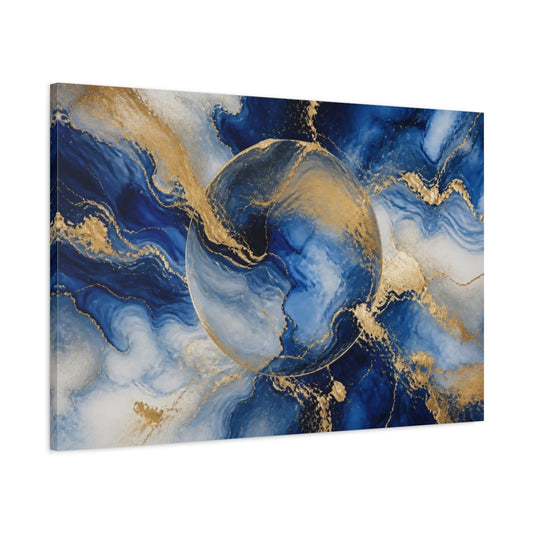Main Mockup. Abstract Blue Gold Circle shown as canvas print