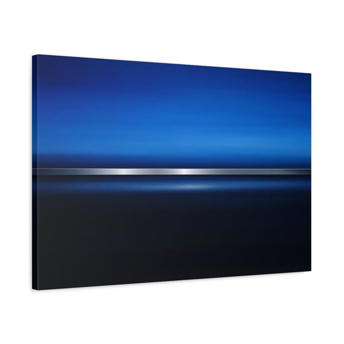 Side Mockup 2. Abstract Blue Gradient Blue And Silver shown as stretched canvas wall art