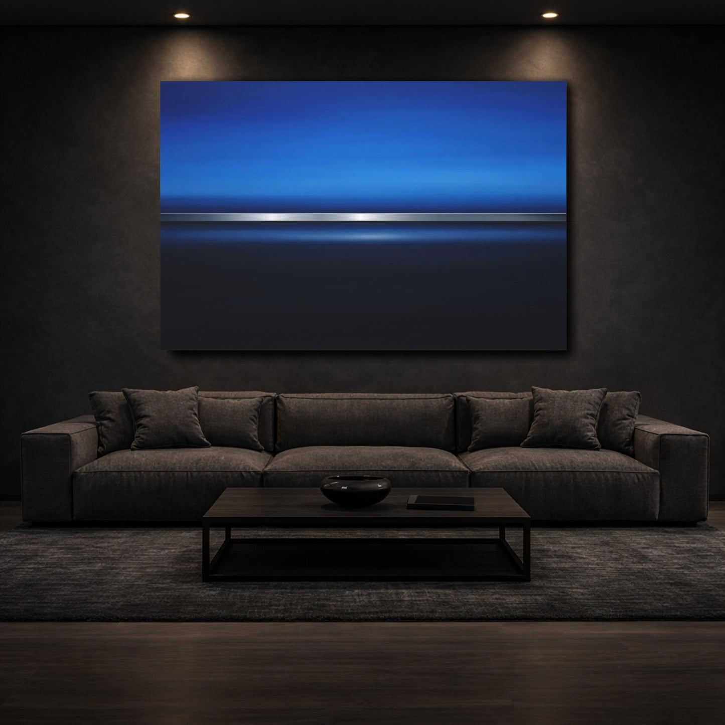 Mockup 2. Abstract Blue Gradient Blue And Silver shown as stretched canvas wall art