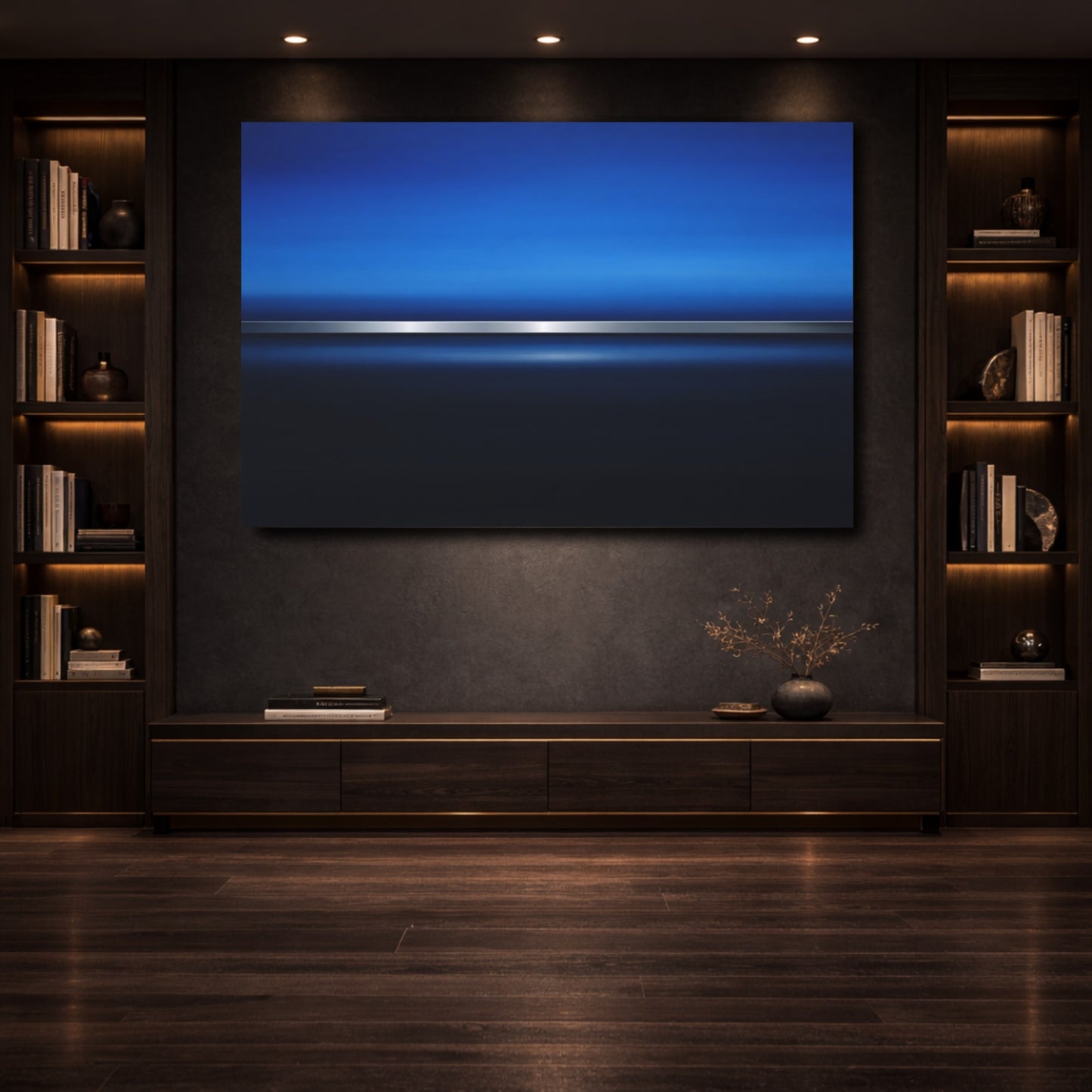 Mockup 3. Abstract Blue Gradient Blue And Silver shown as stretched canvas wall art