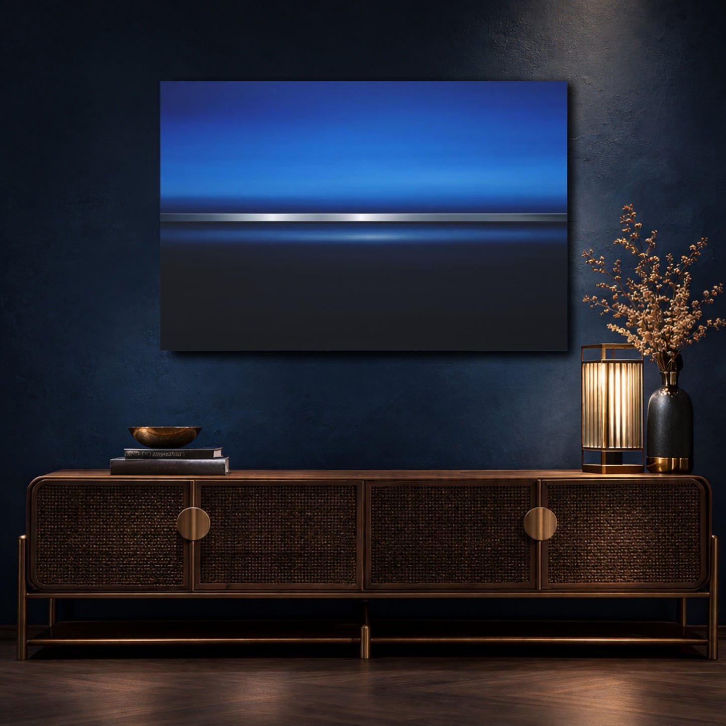 Mockup 4. Abstract Blue Gradient Blue And Silver shown as stretched canvas wall art