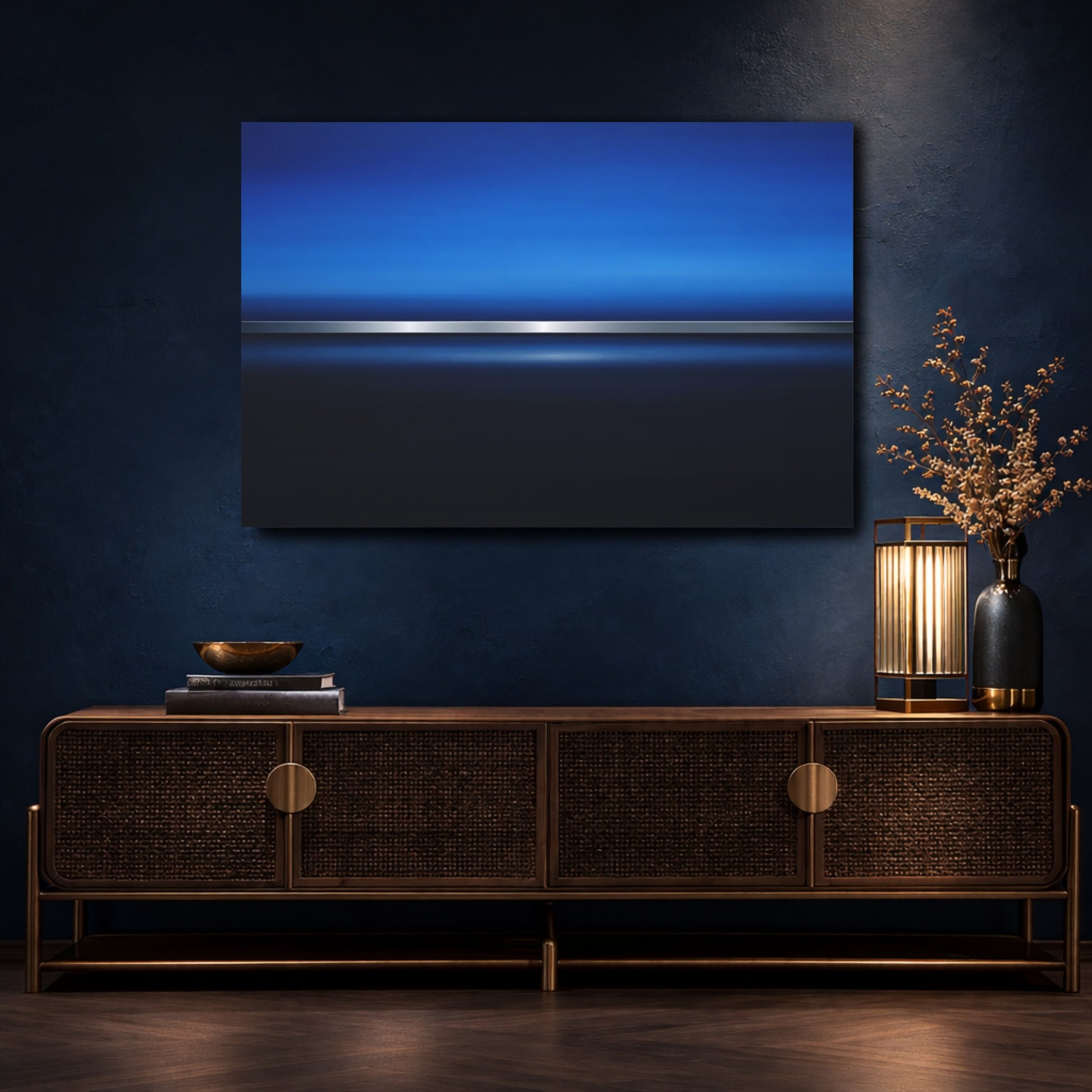 Mockup 4. Abstract Blue Gradient Blue And Silver shown as stretched canvas wall art