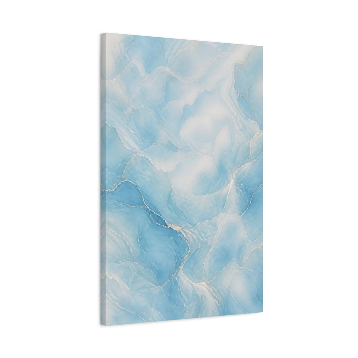 Side Mockup 2. Abstract Blue Marble Blue And White shown as stretched canvas wall art