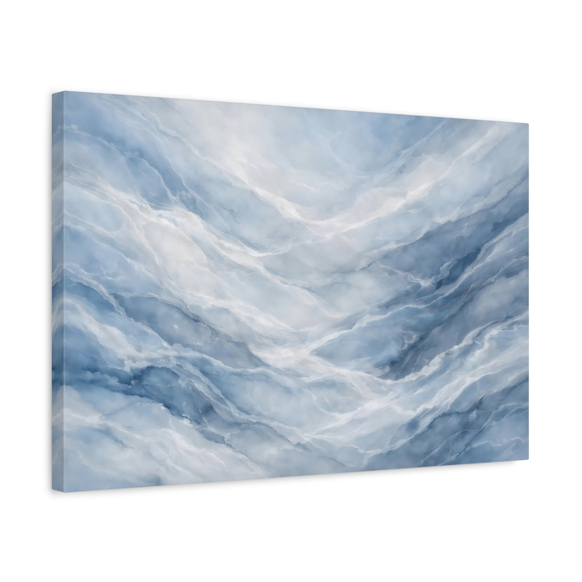 Side Mockup 3. Abstract Blue Marble Blue And White shown as stretched canvas wall art
