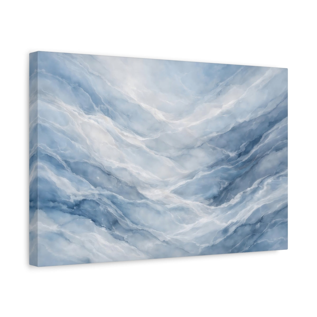 Side Mockup 4. Abstract Blue Marble Blue And White shown as stretched canvas wall art