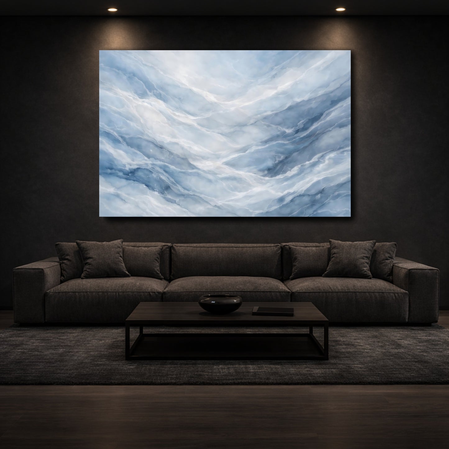 Mockup 2. Abstract Blue Marble Blue And White shown as stretched canvas wall art