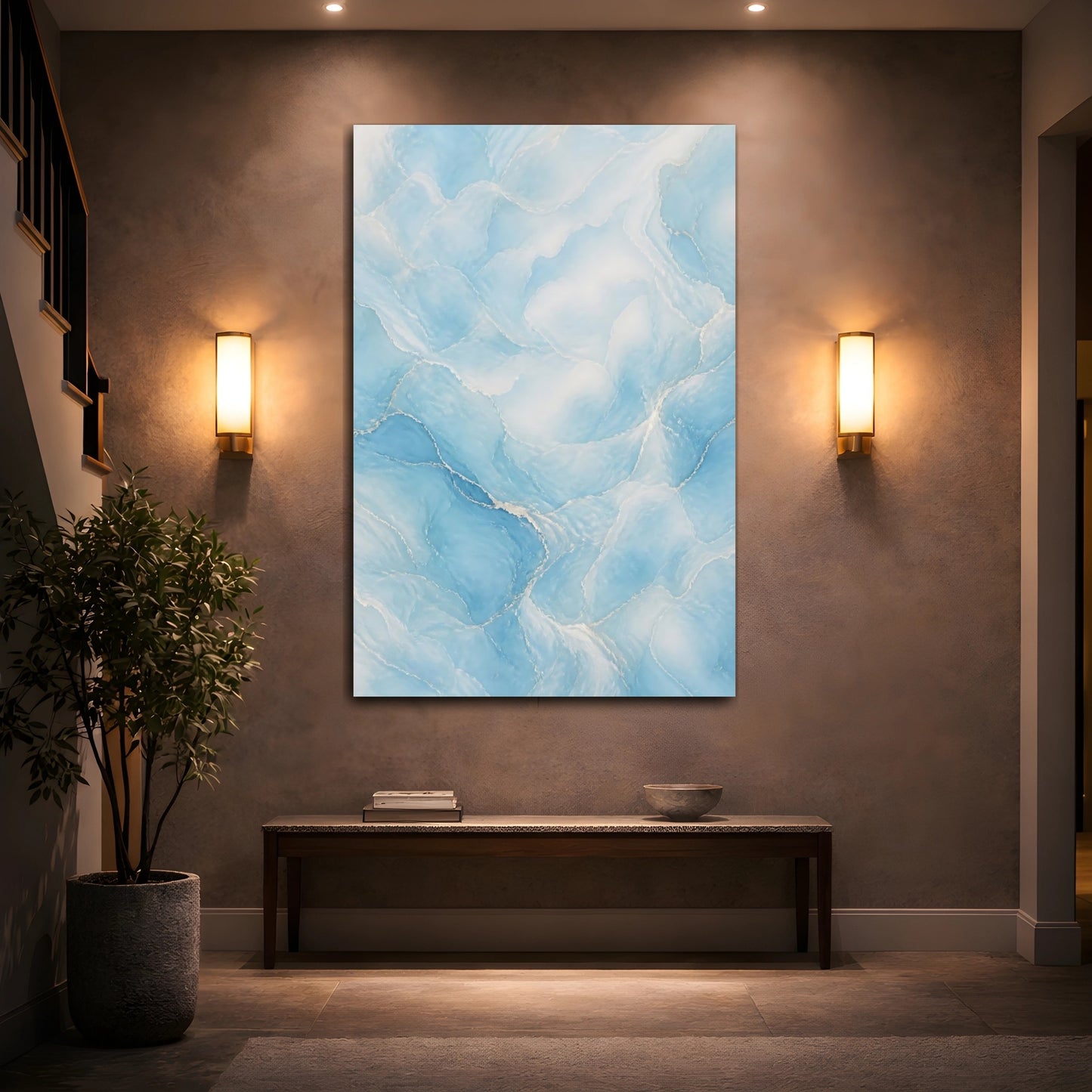 Mockup 2. Abstract Blue Marble Blue And White shown as stretched canvas wall art