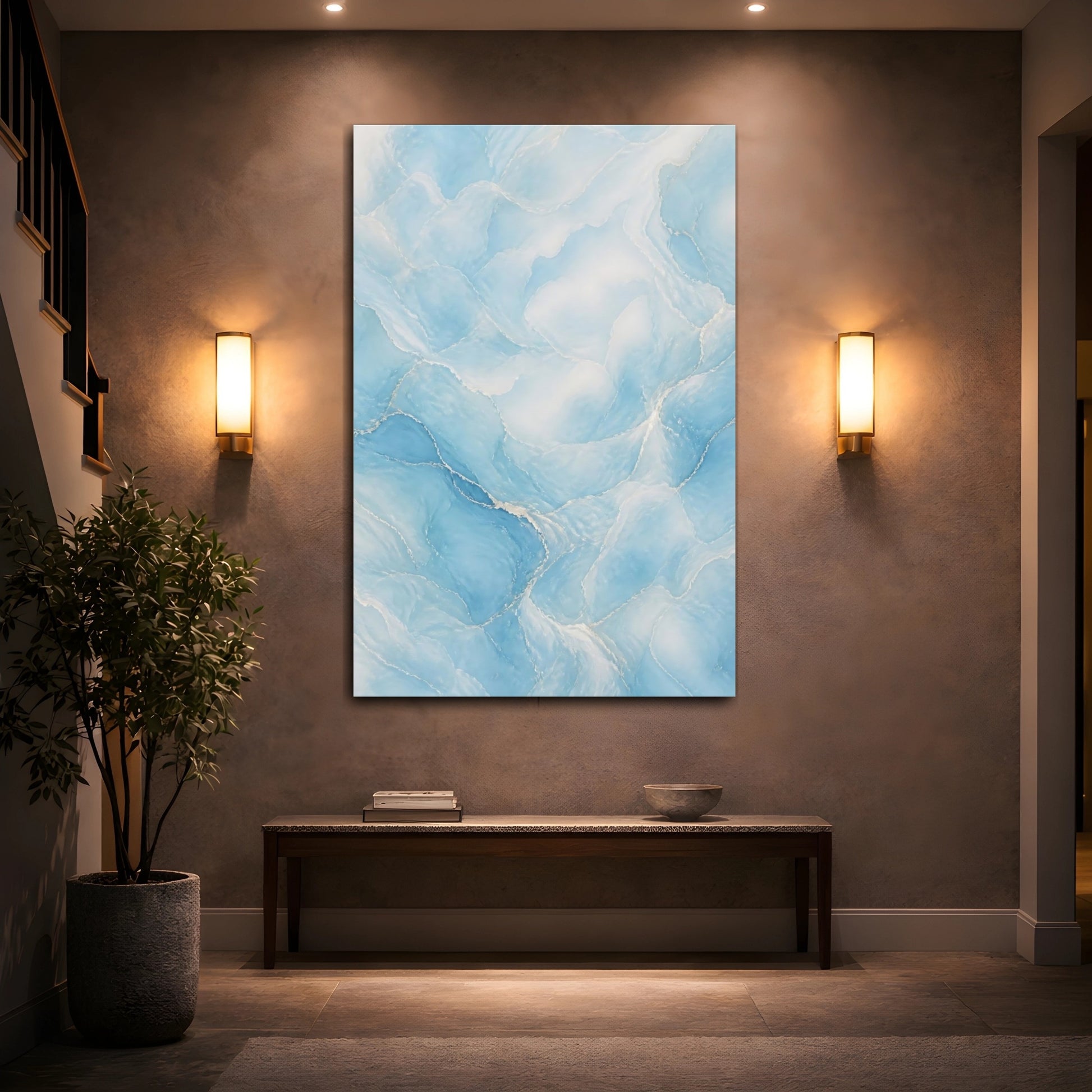 Mockup 2. Abstract Blue Marble Blue And White shown as stretched canvas wall art