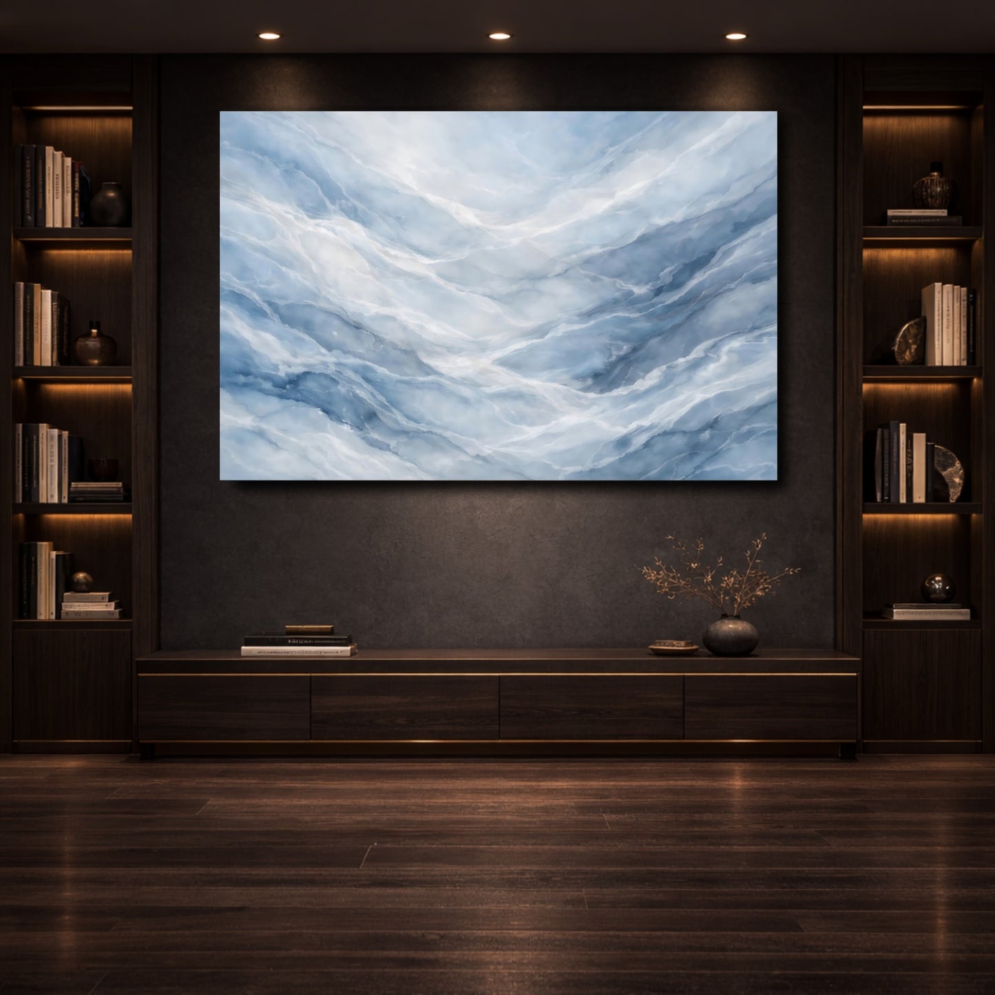 Mockup 3. Abstract Blue Marble Blue And White shown as stretched canvas wall art