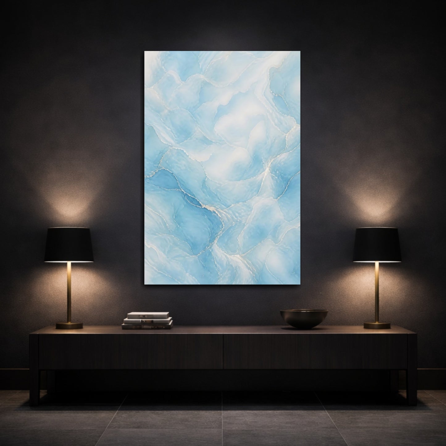 Mockup 3. Abstract Blue Marble Blue And White shown as stretched canvas wall art