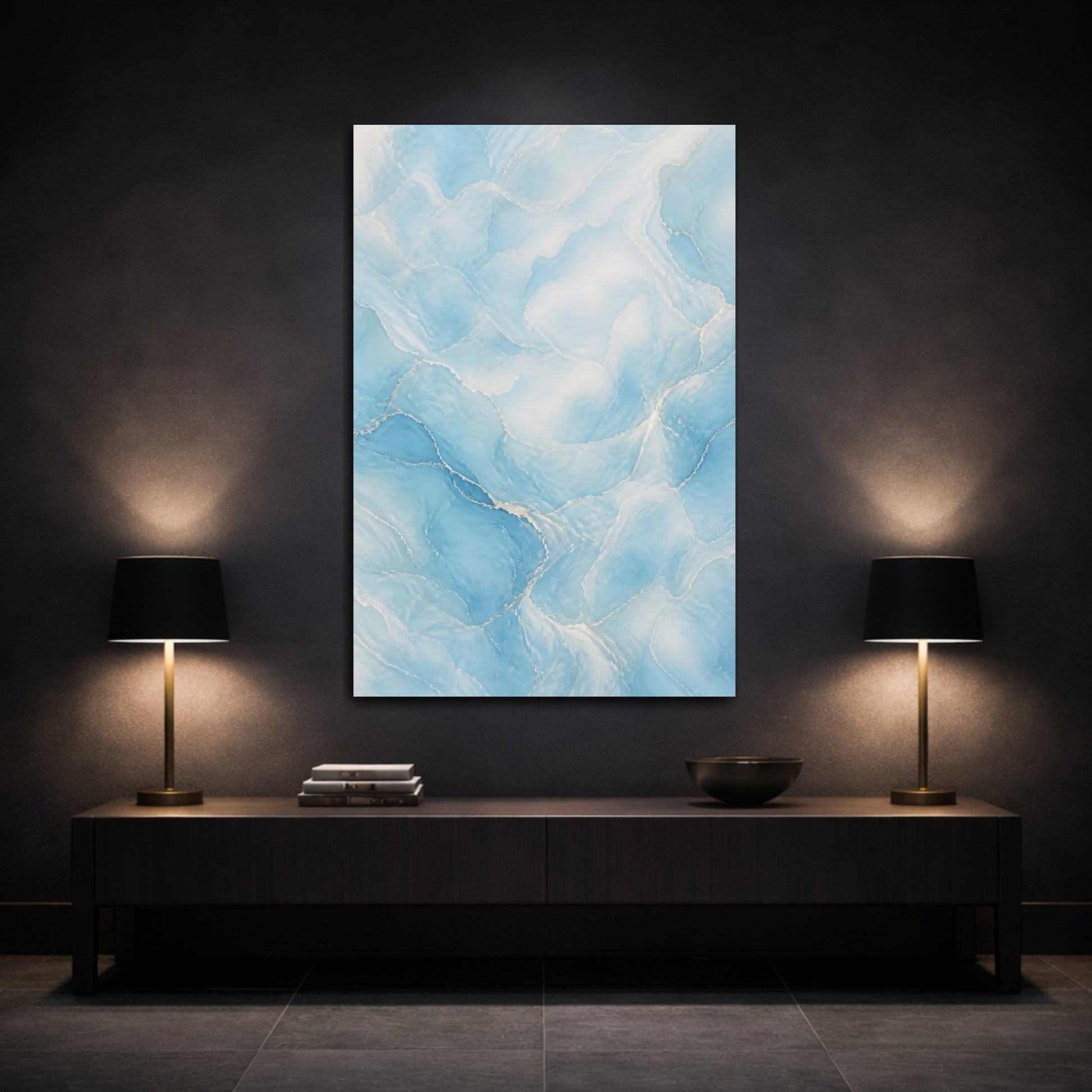 Mockup 3. Abstract Blue Marble Blue And White shown as stretched canvas wall art
