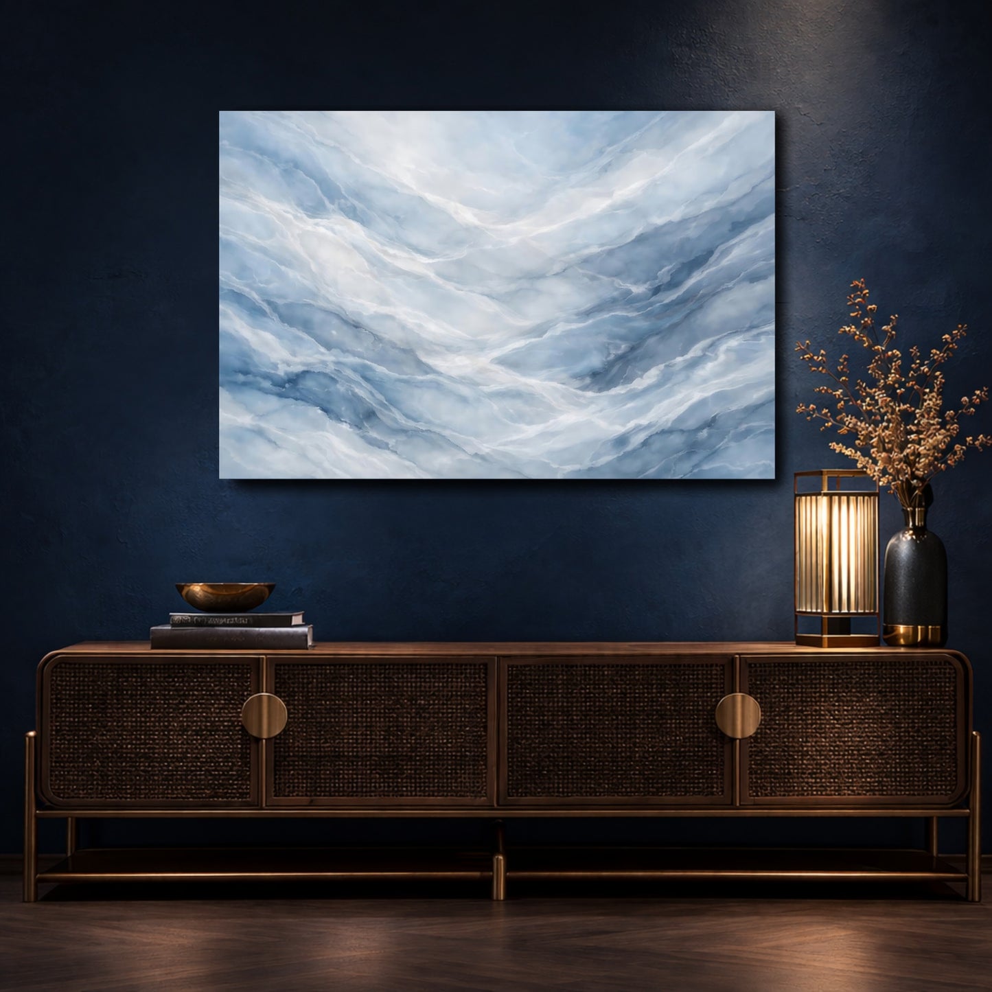 Mockup 4. Abstract Blue Marble Blue And White shown as stretched canvas wall art